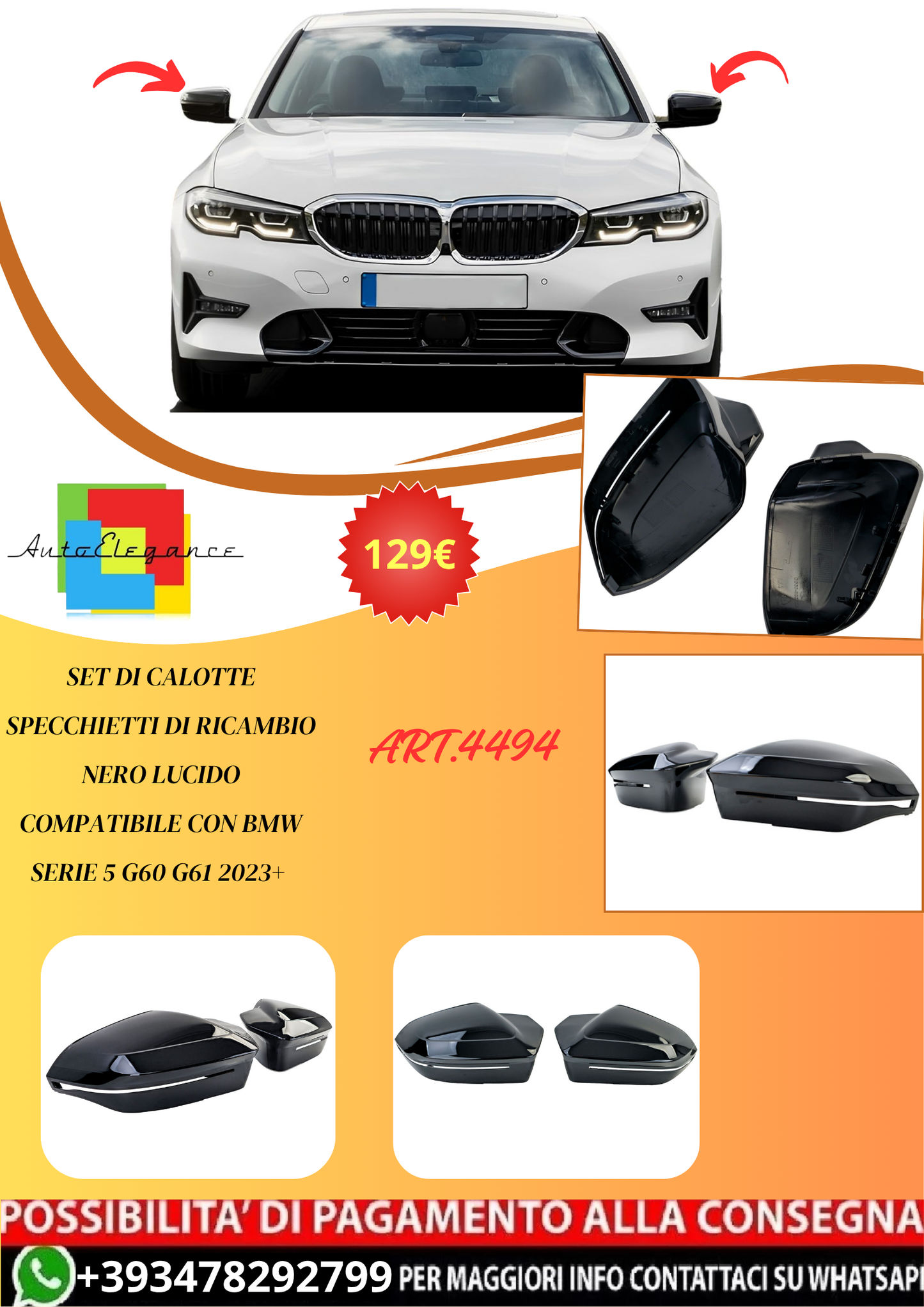 💫ART.4494 Set di Calotte Specchietti di Ricambio per BMW Serie 5 G60 G61 2023💫