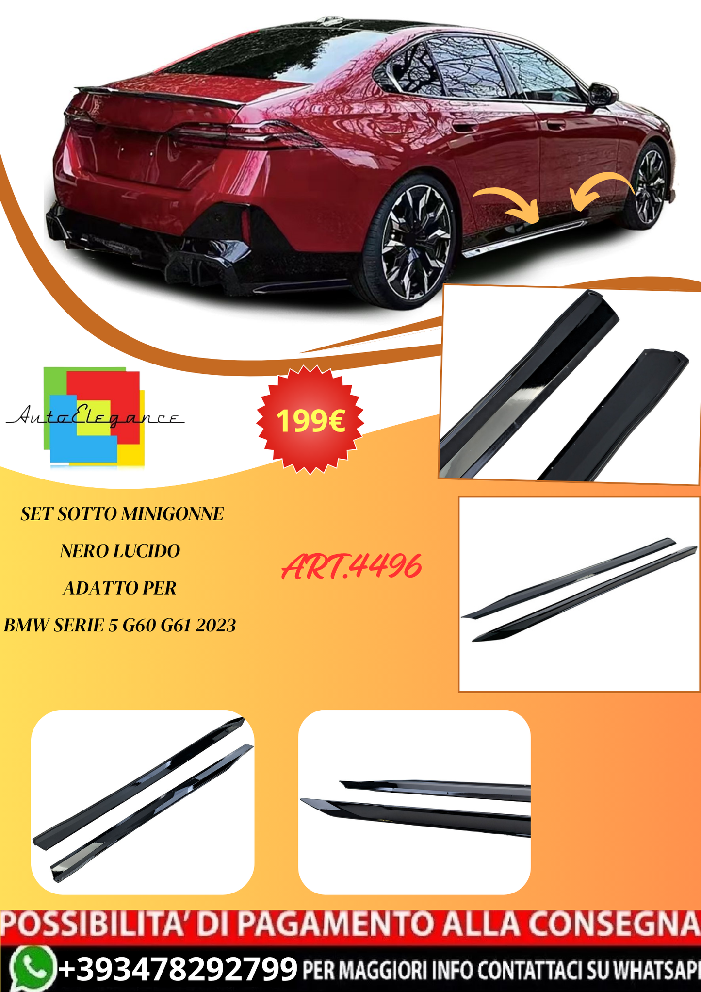 💫ART.4496 Set Sotto Minigonne Nero Lucido adatto per BMW Serie 5 G60 G61 2023💫