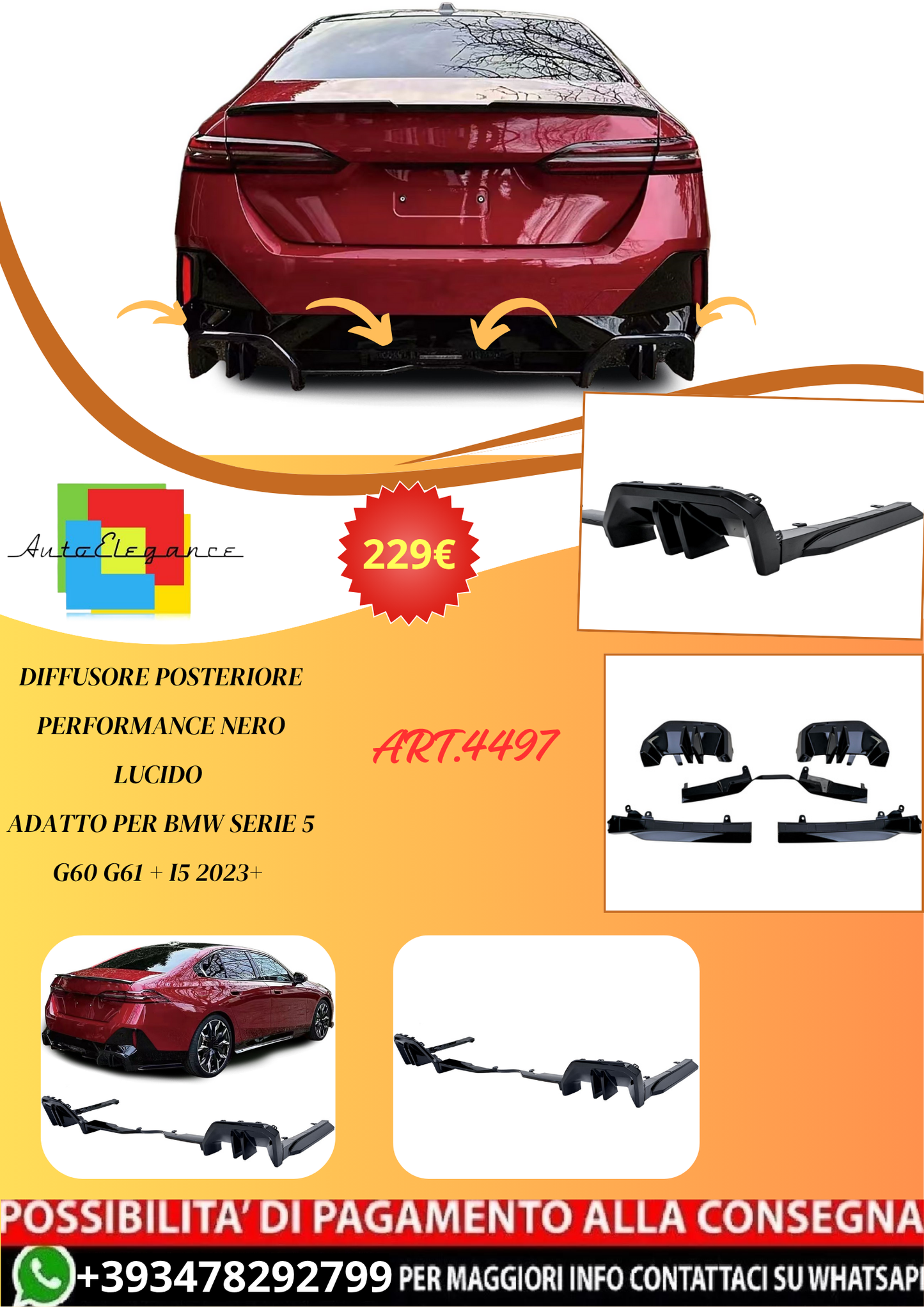 💫ART.4497 Diffusore Posteriore Performance Nero Lucido per BMW G60 + i5 2023+💫