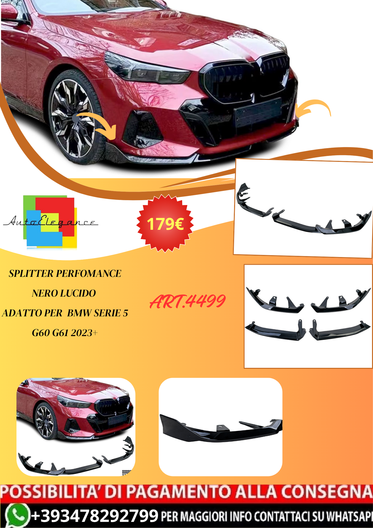 💫ART.4499 Splitter Perfomance Nero Lucido per  BMW Serie 5 G60 G61 2023+💫