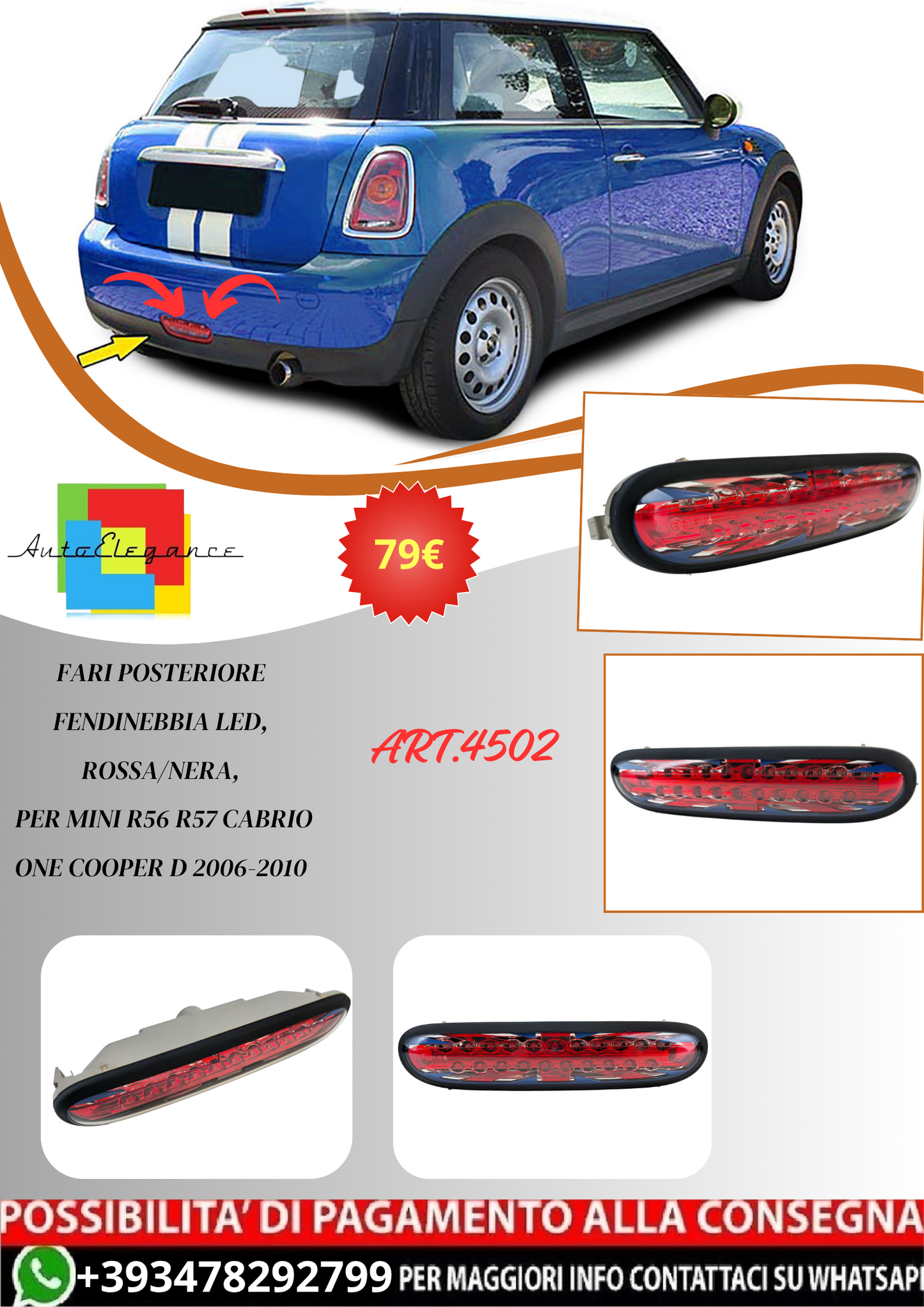 💫ART.4502 Fari Posteriore Fendinebbia LED, Rossa/Nera, per Mini R56 R57 06-10💫