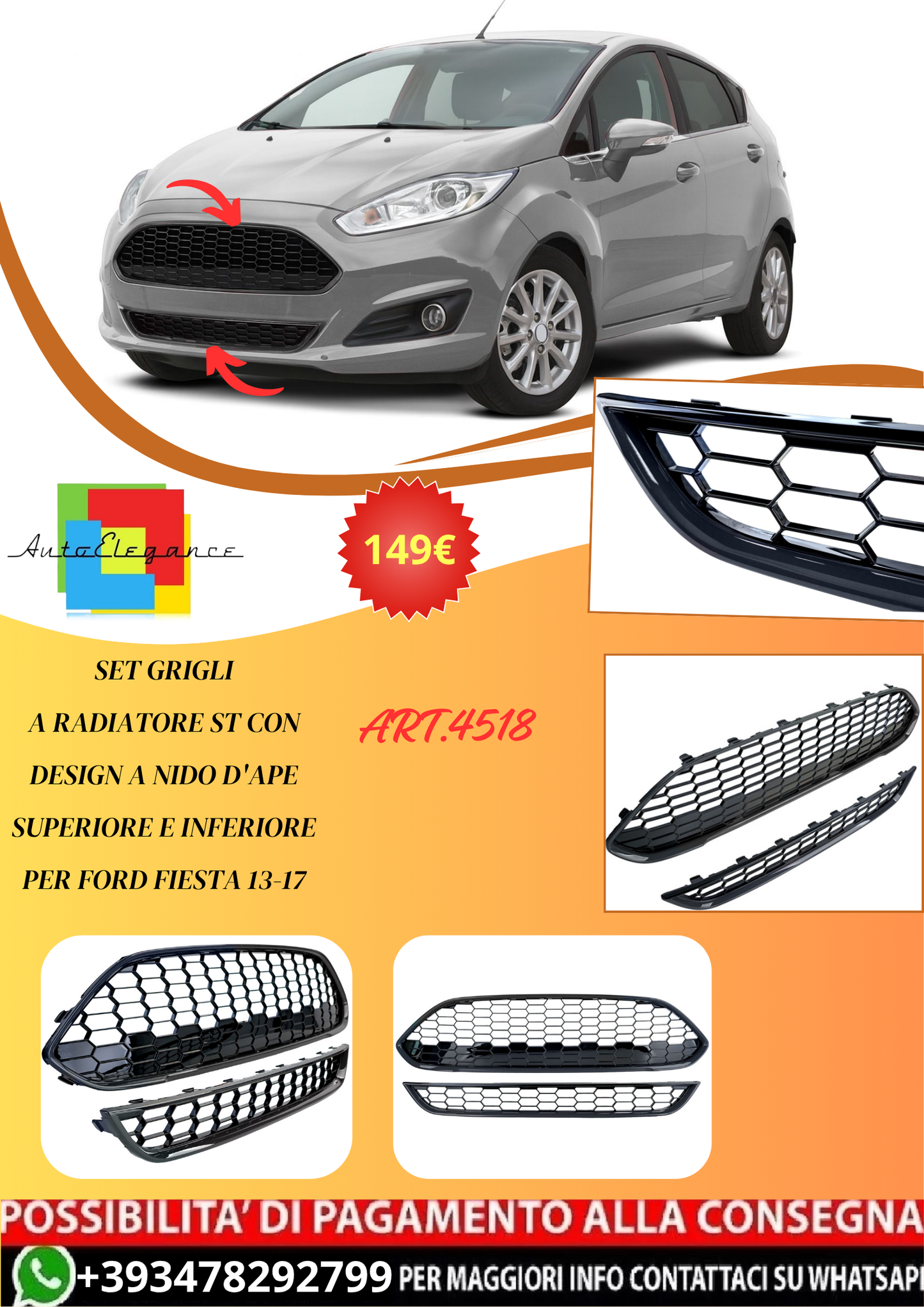 💫ART.4518 Set Griglia Radiatore ST (Nero Lucido) per Ford Fiesta 2013-2017💫