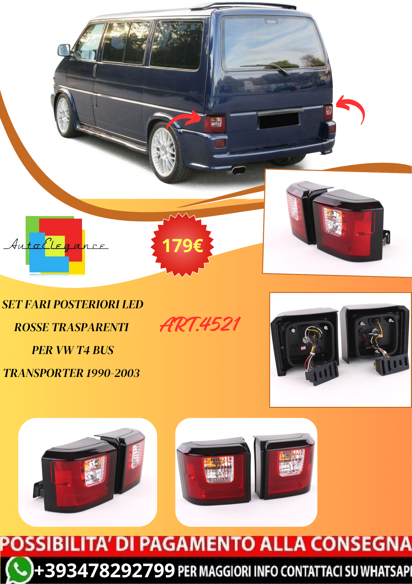 💫ART.4521 Set Fari Posteriori LED Rosse Trasparenti per VW T4 Bus Transporter💫
