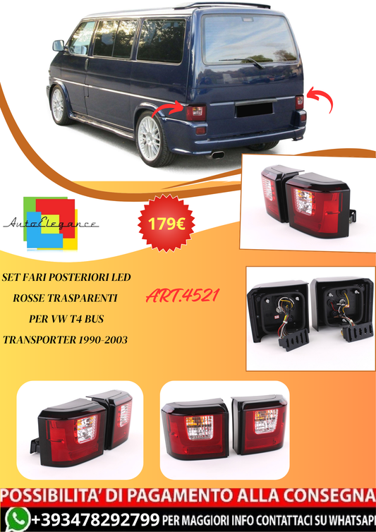 💫ART.4521 Set Fari Posteriori LED Rosse Trasparenti per VW T4 Bus Transporter💫