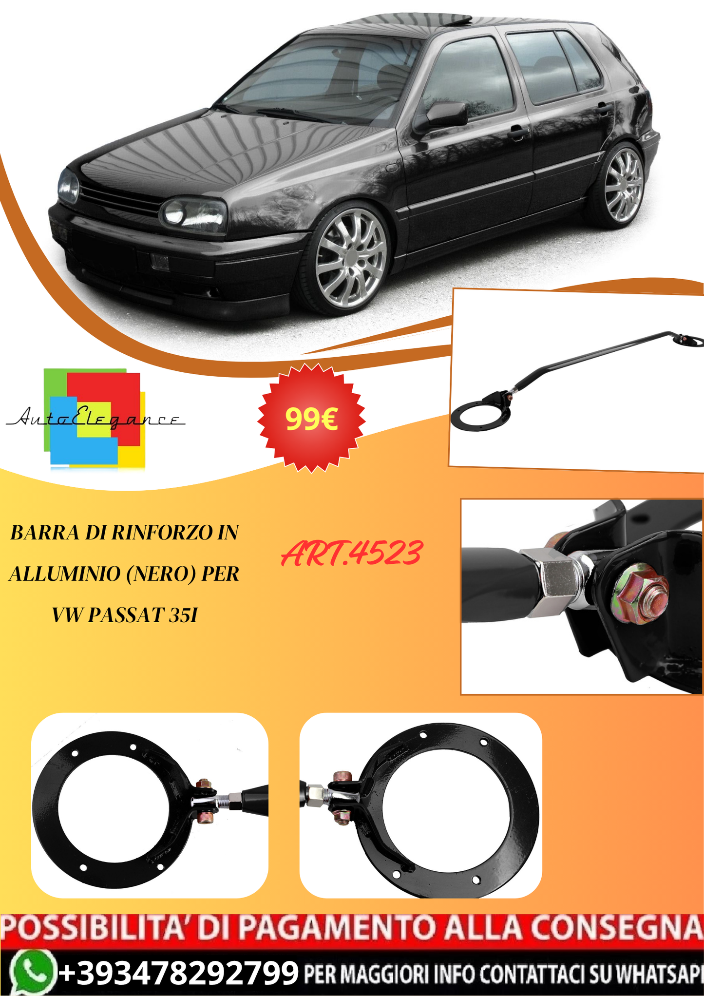 💫ART.4523 Barra di Rinforzo in Alluminio (Nero) per VW Golf 3 / Passat 35i💫