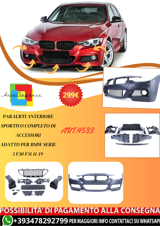 💫ART.4533 Paraurti Anteriore Sportivo Completo per BMW Serie 3 F30 F31 11-19💫