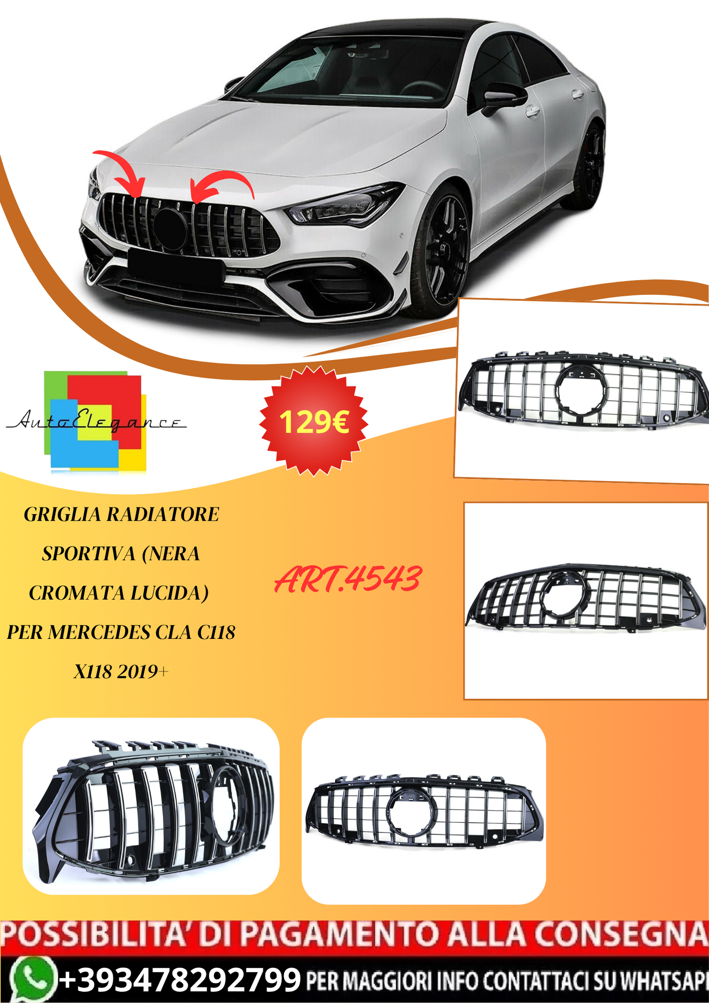 💫ART.4543 Griglia Radiatore Sportiva (Nera Cromata Lucida) per Mercedes💫