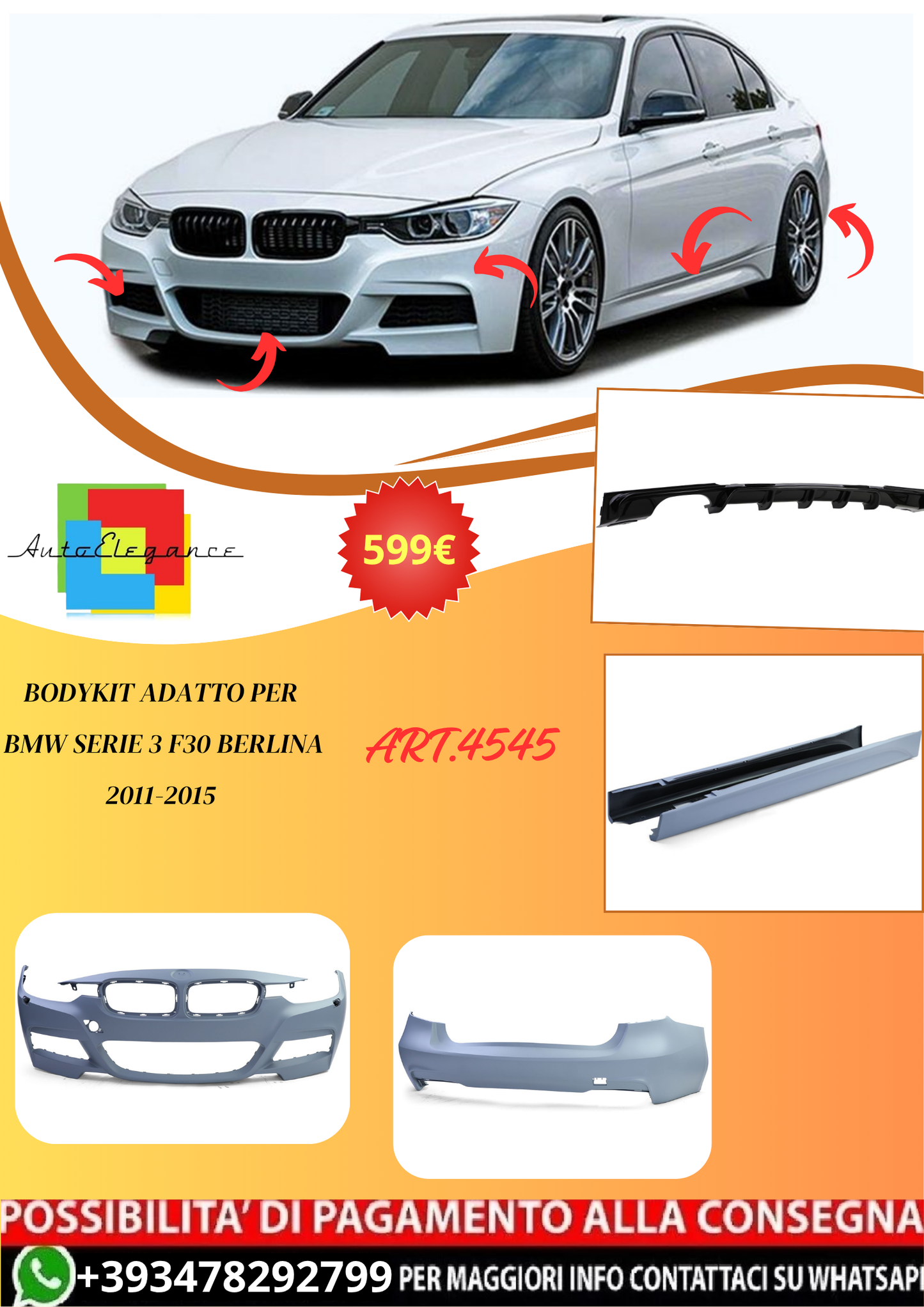 💫ART.4545 Bodykit adatto per BMW Serie 3 F30 Berlina 2011-2015💫
