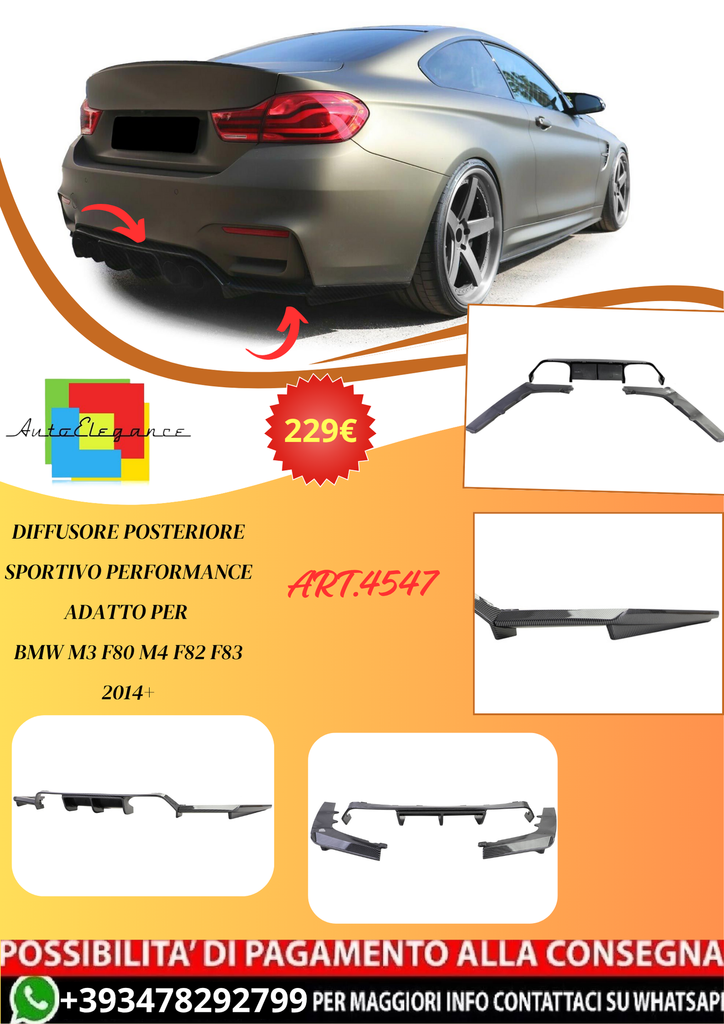 💫ART.4547 Diffusore Posteriore Sportivo adatto per BMW M3 F80 M4 F82 F83 2014💫