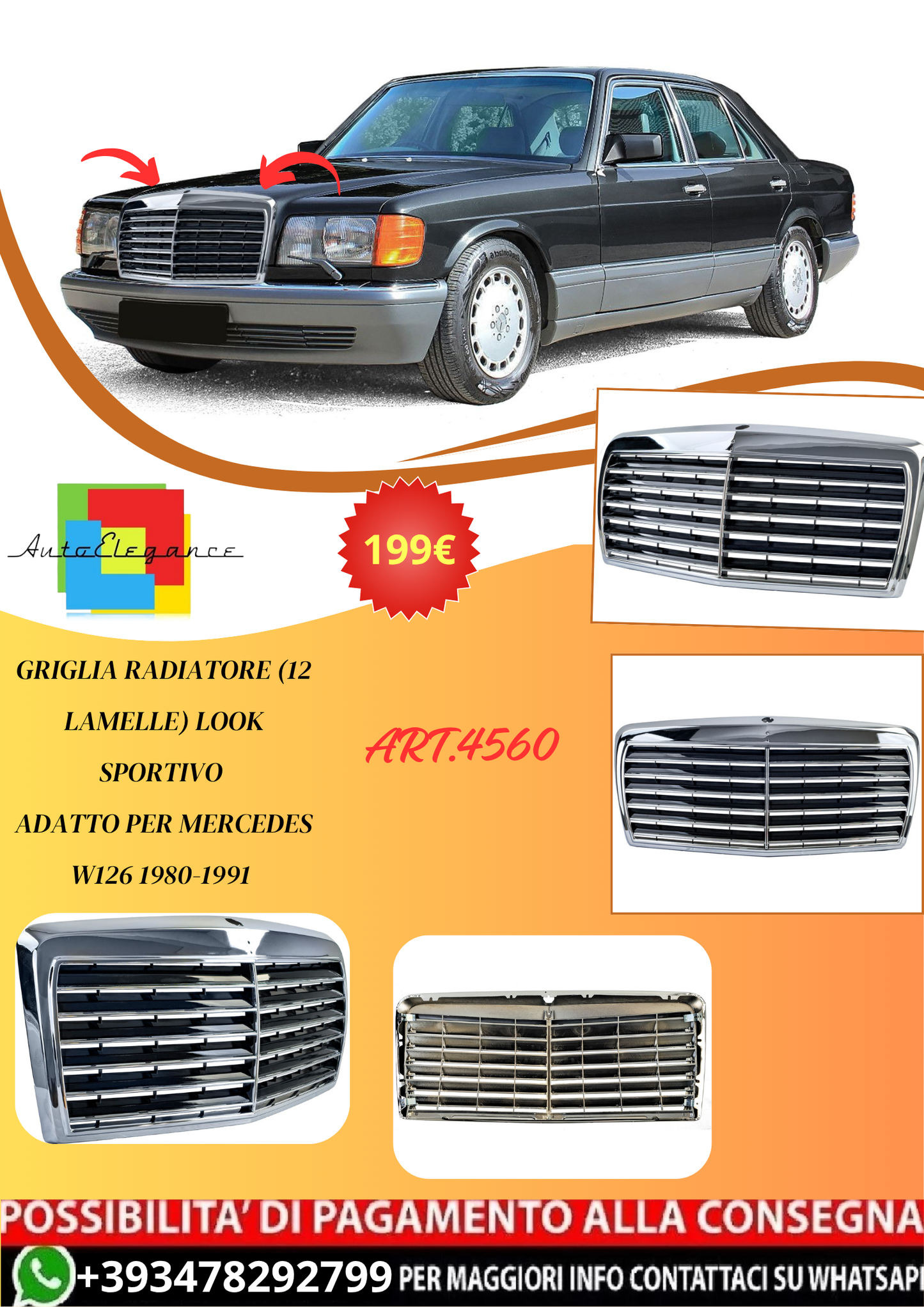 💫ART.4560 Griglia Radiatore (12 Lamelle) look Sportivo per M.Benz W126 80-91💫