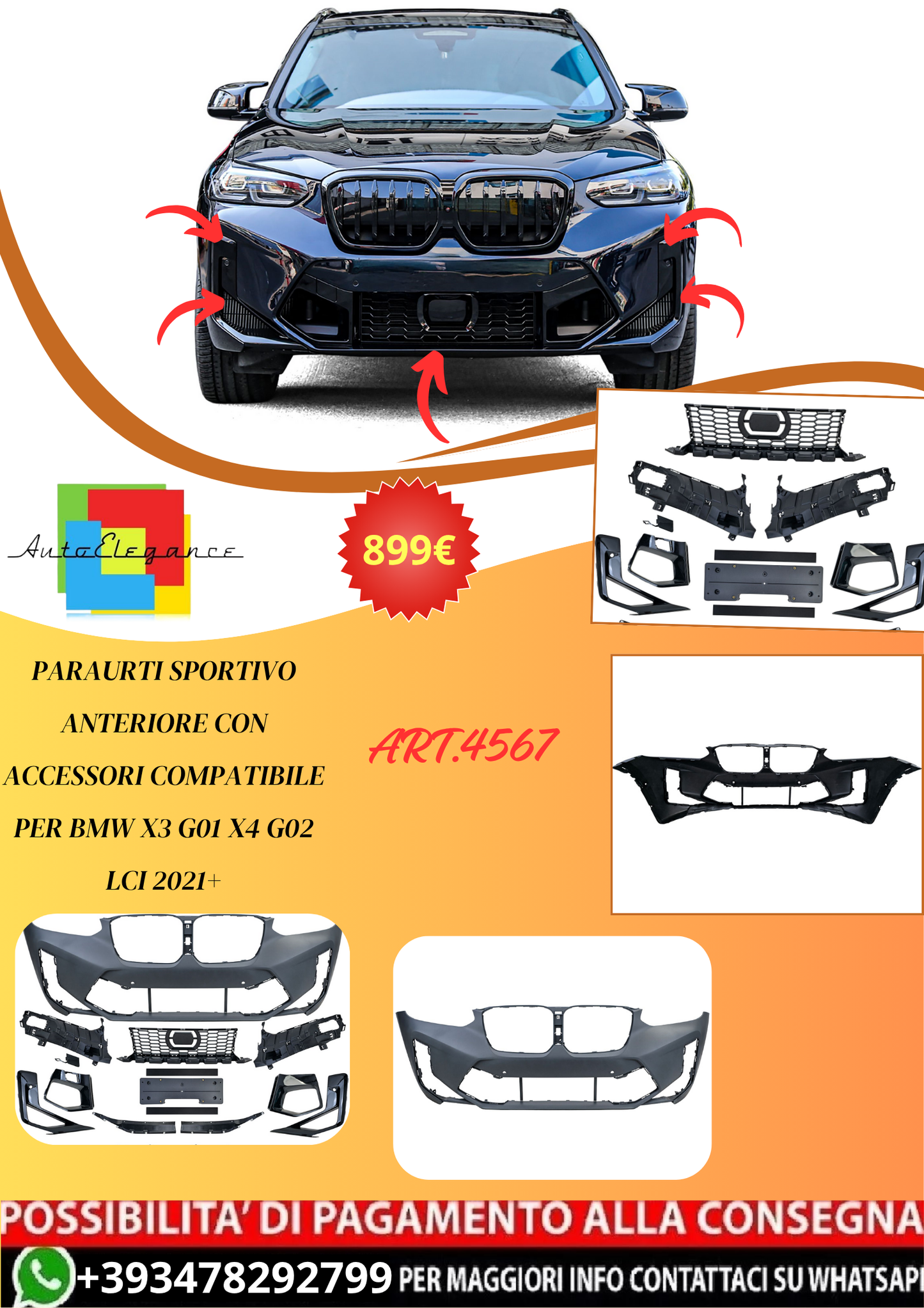 💫ART.4567 Paraurti Sportivo Anteriore e accessori compatibile per BMW G01 G02💫
