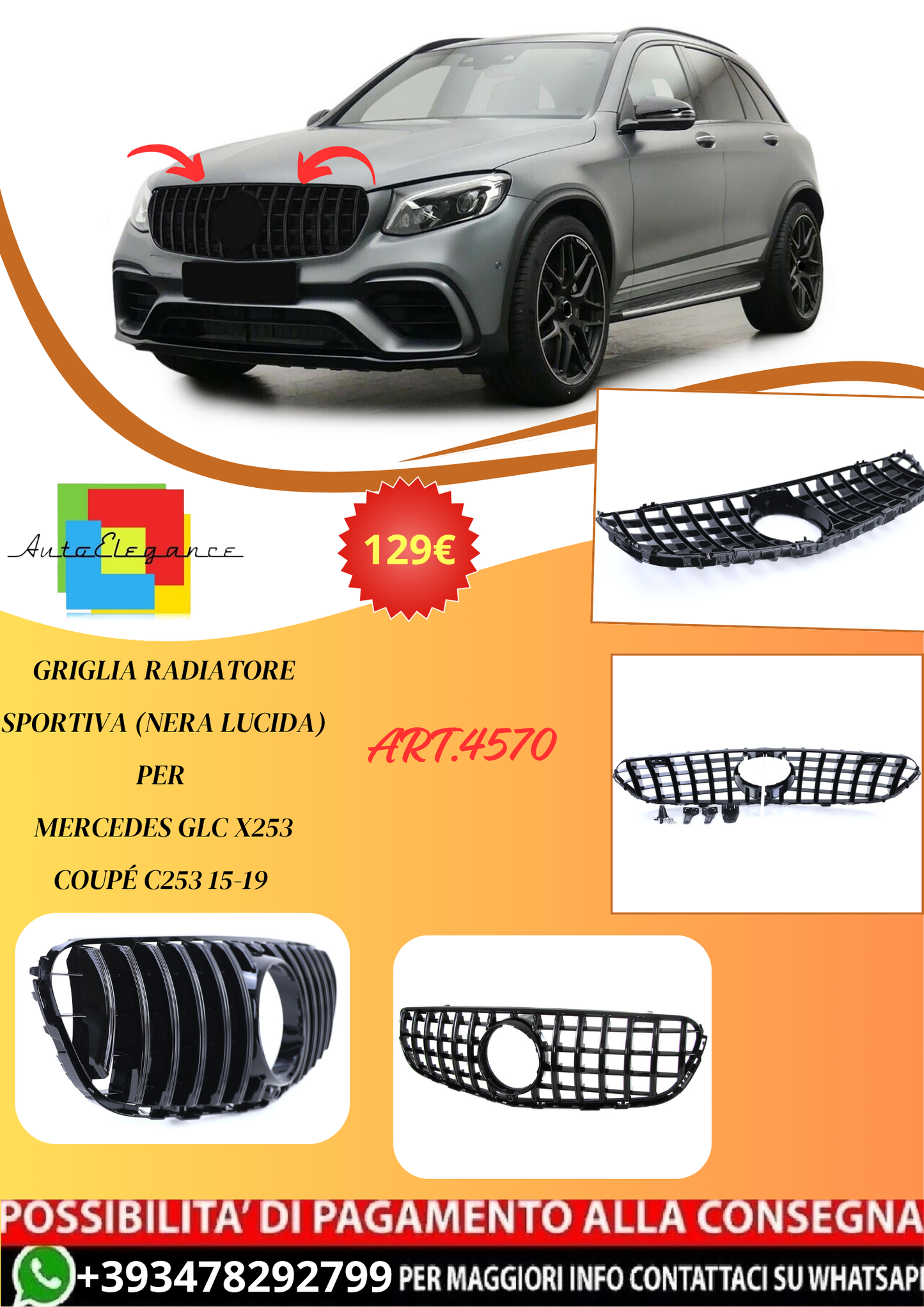 💫ART.4570 Griglia Radiatore Sportiva (Nera Lucida) per M.Bnez GLC X253 15-19💫