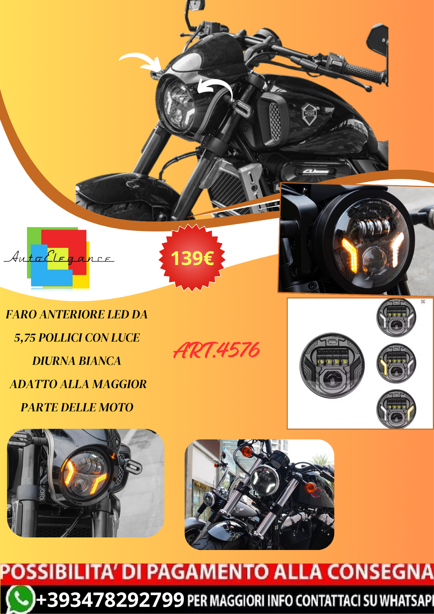 💫ART.4576 Faro Anteriore LED adatto alla maggior parte delle Moto💫