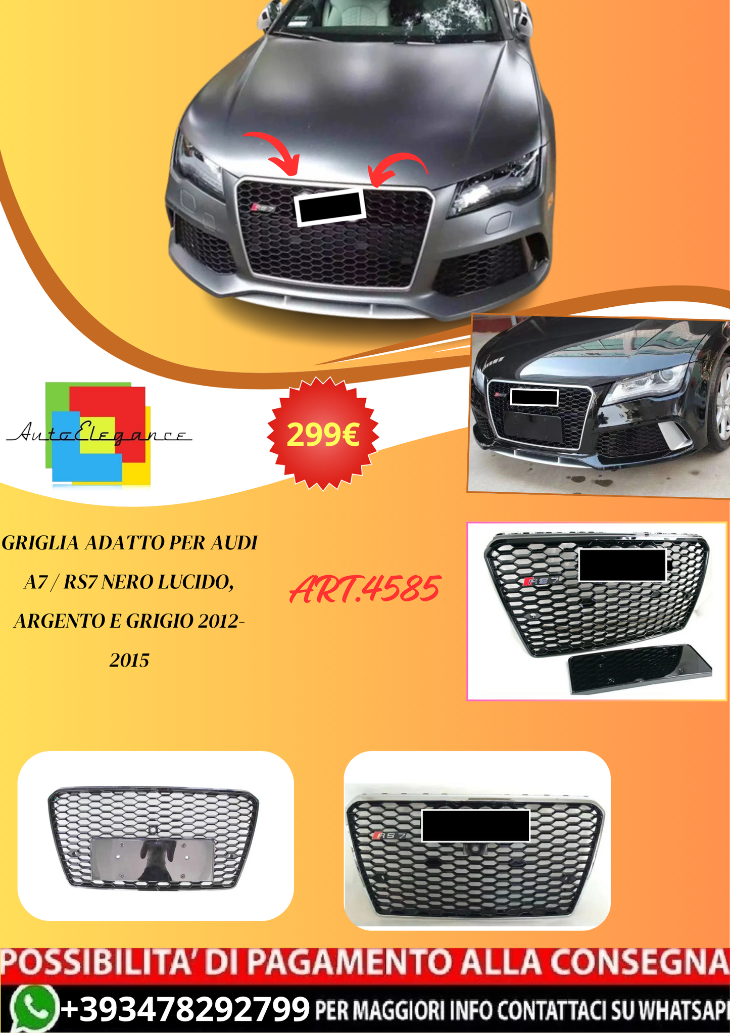 💫ART.4585 Griglia adatto per Audi A7/RS7 Nero Lucido, Argento e Grigio 12-15💫