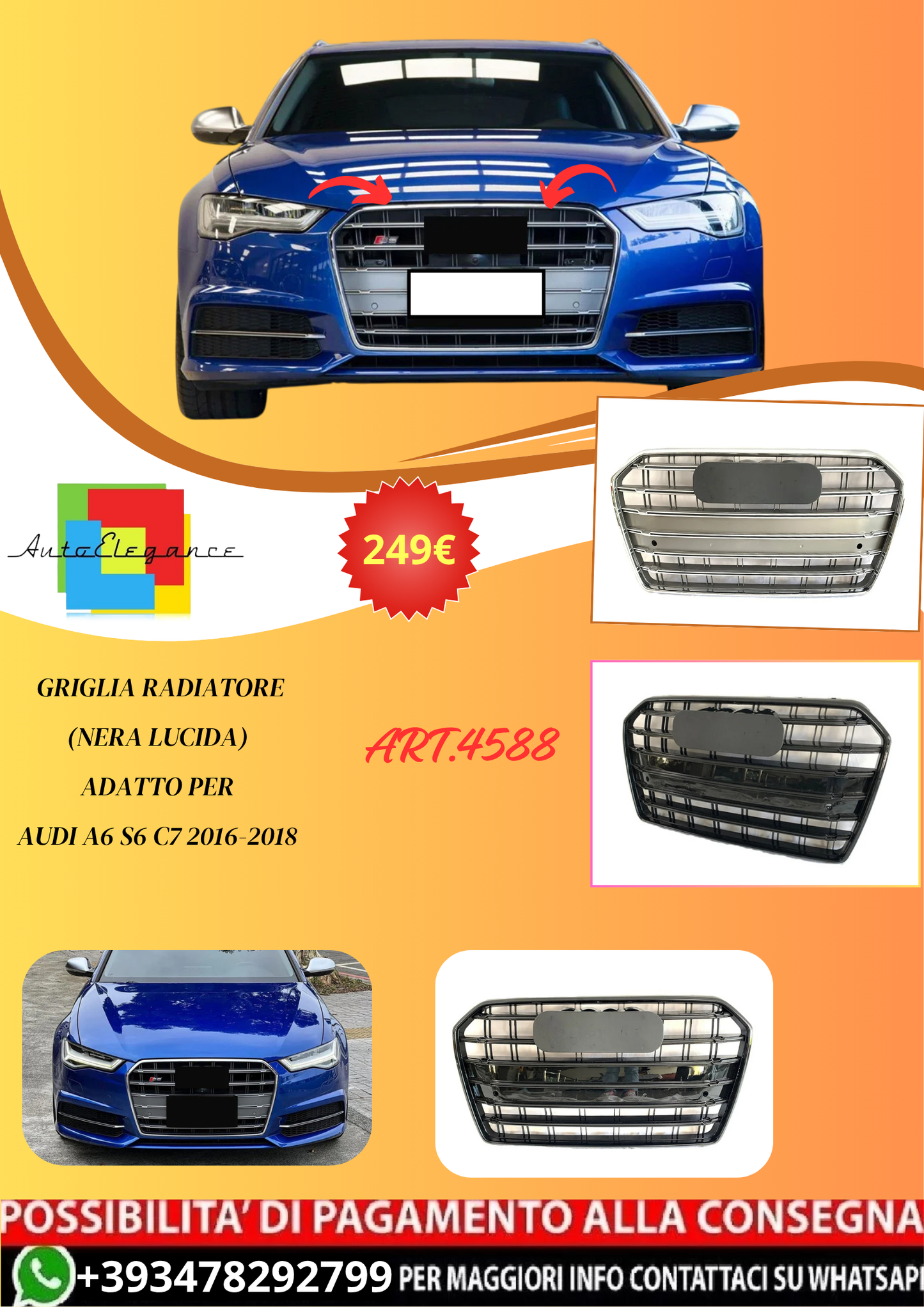 💫ART.4588 Griglia Radiatore (Nera Lucida) adatto per Audi A6 S6 C7 2016-2018💫