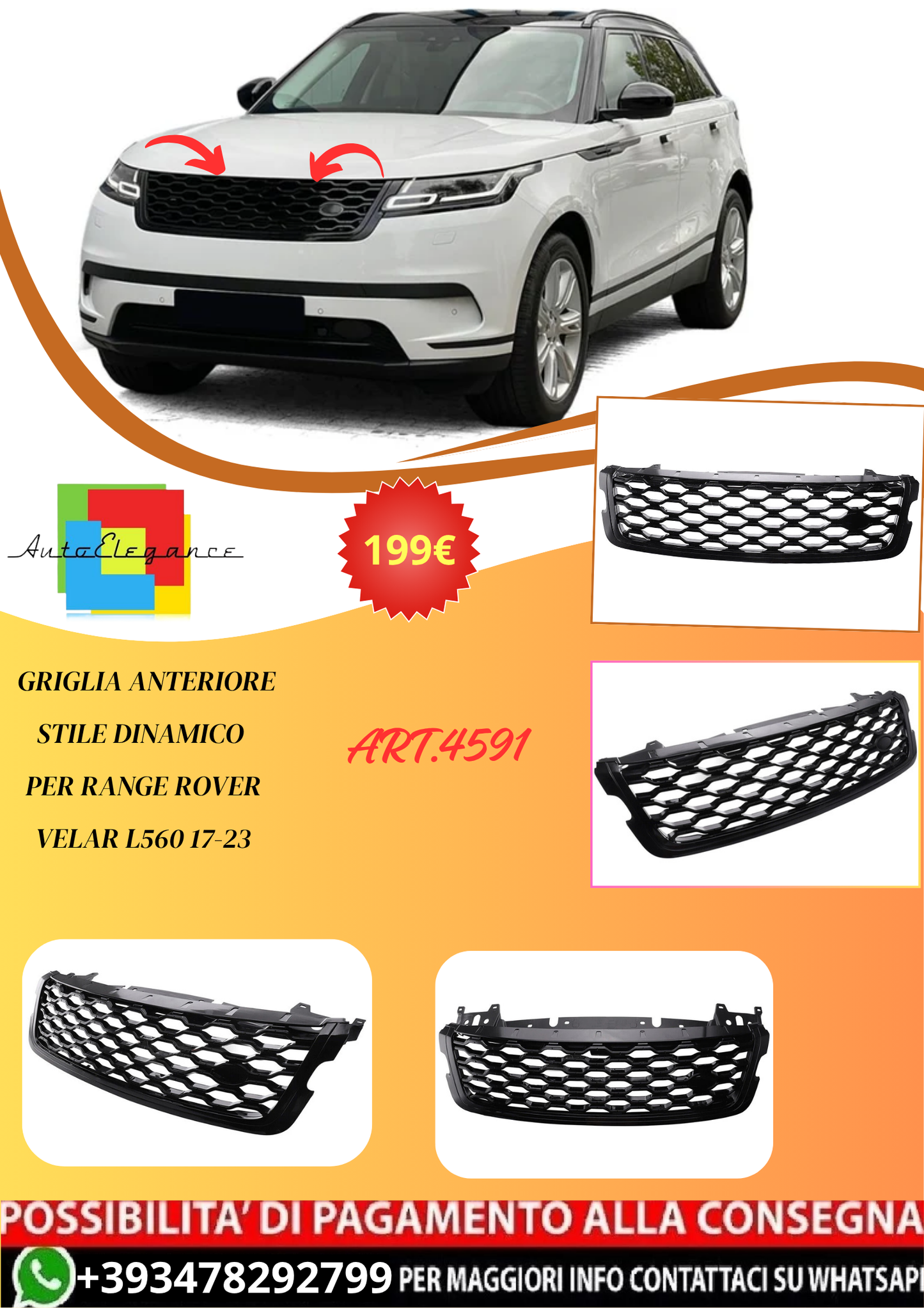 💫ART.4591 Griglia Anteriore Stile Dinamico per Range Rover Velar L560 17-23💫