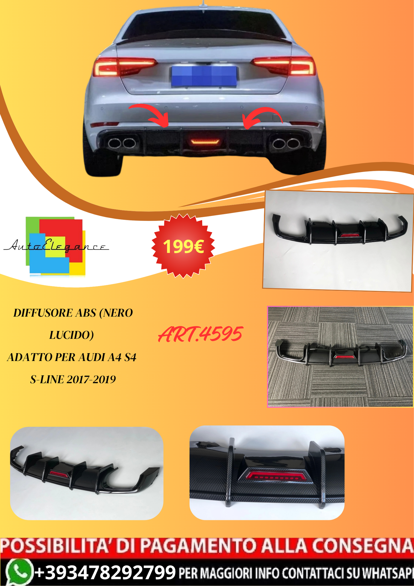 💫ART.4595 Diffusore ABS (Nero Lucido) adatto per Audi A4 S4 S-Line 2017-2019💫