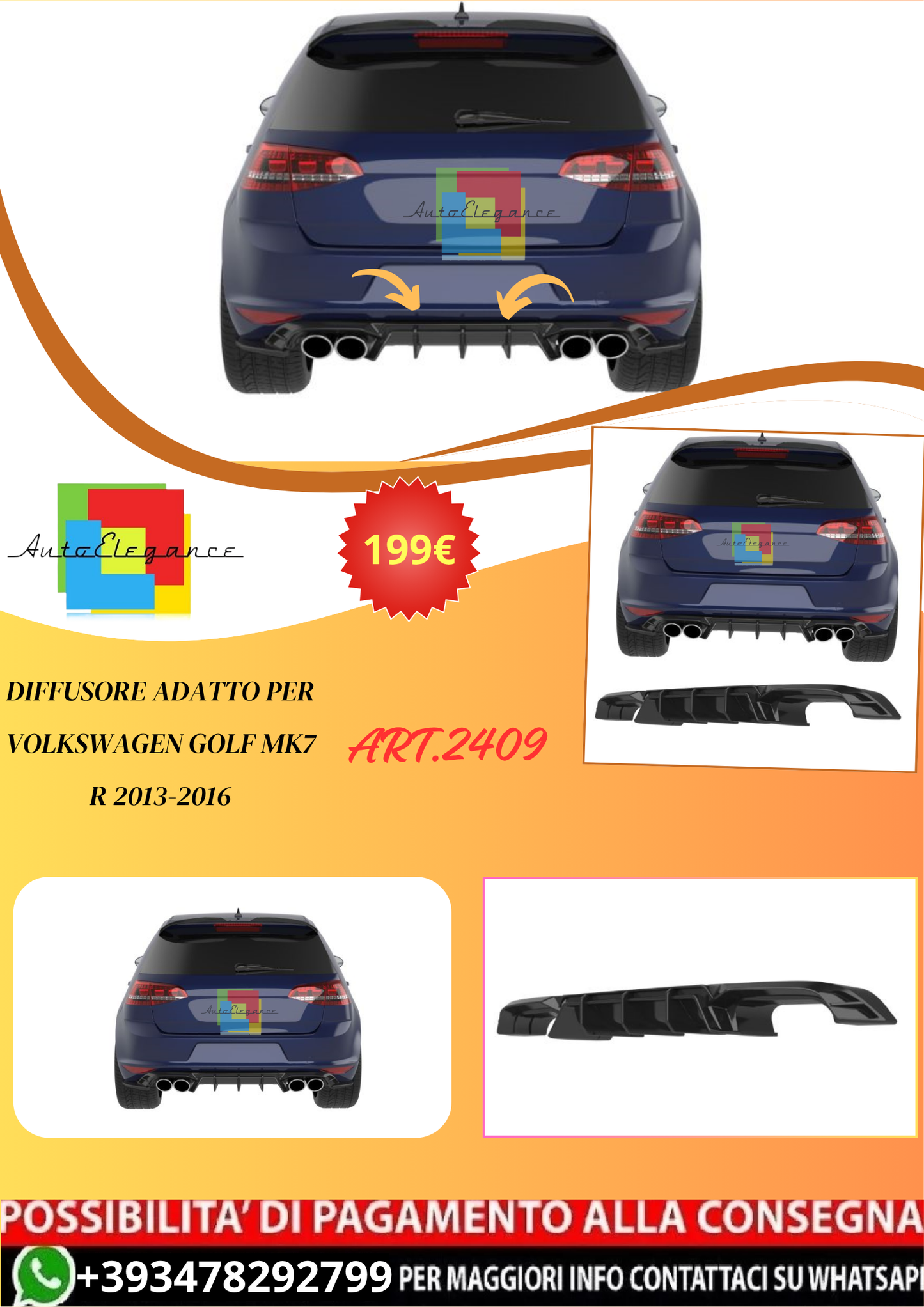💫ART.2409 DIFFUSORE ADATTO PER VOLKSWAGEN GOLF MK7 R 2013-2016💫