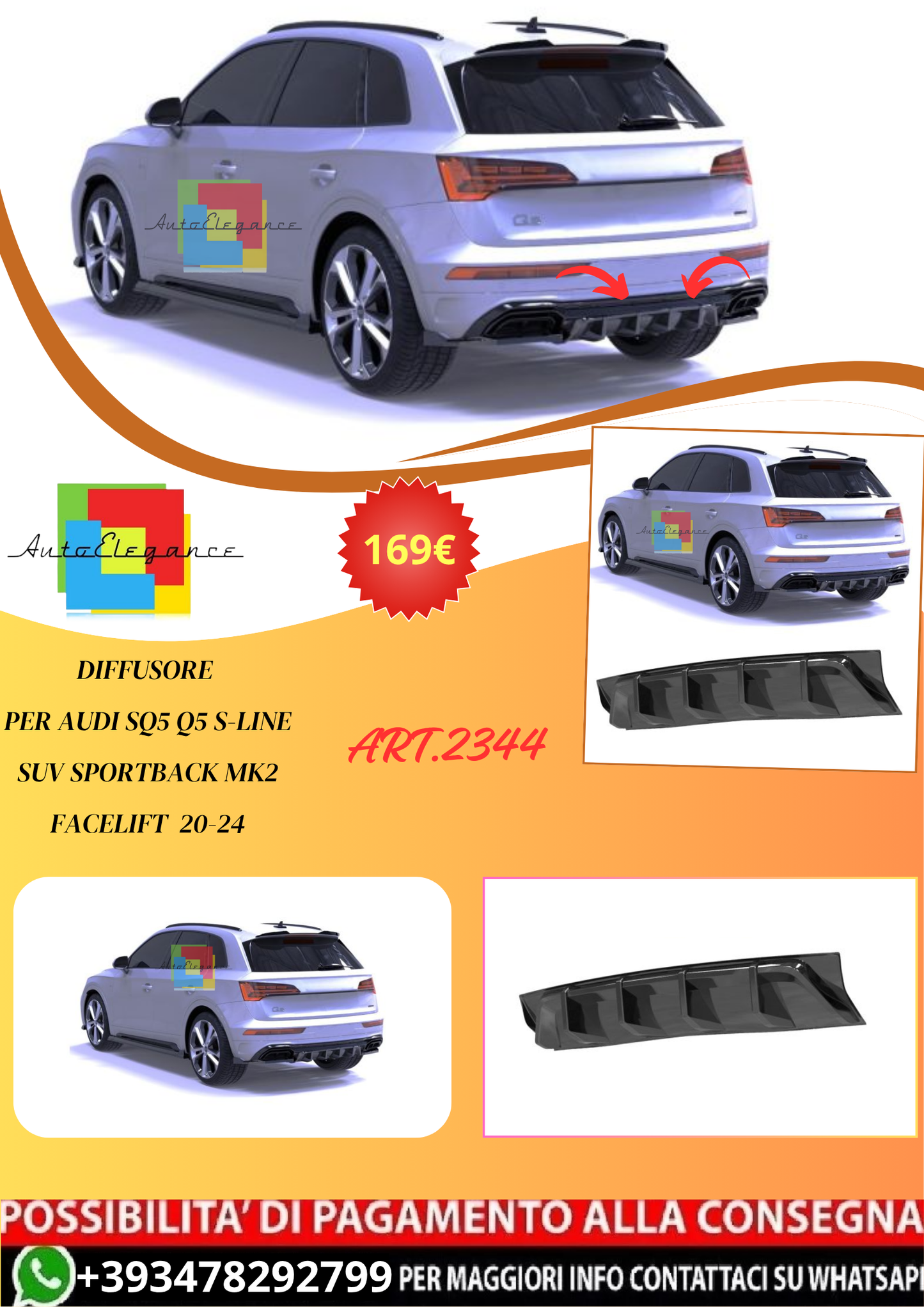 💫ART.2344 DIFFUSORE PER AUDI SQ5 Q5 S-LINE SUV SPORTBACK MK2 FACELIFT  20-24💫