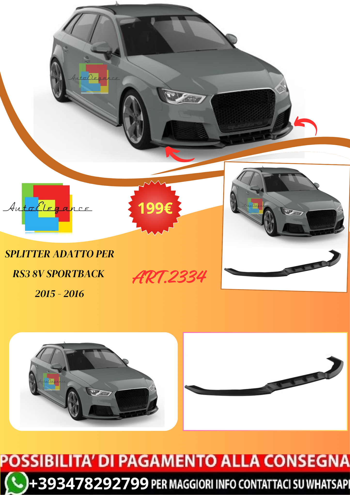 💫ART.2334 SPLITTER ADATTO PER RS3 8V SPORTBACK 2015 - 2016💫