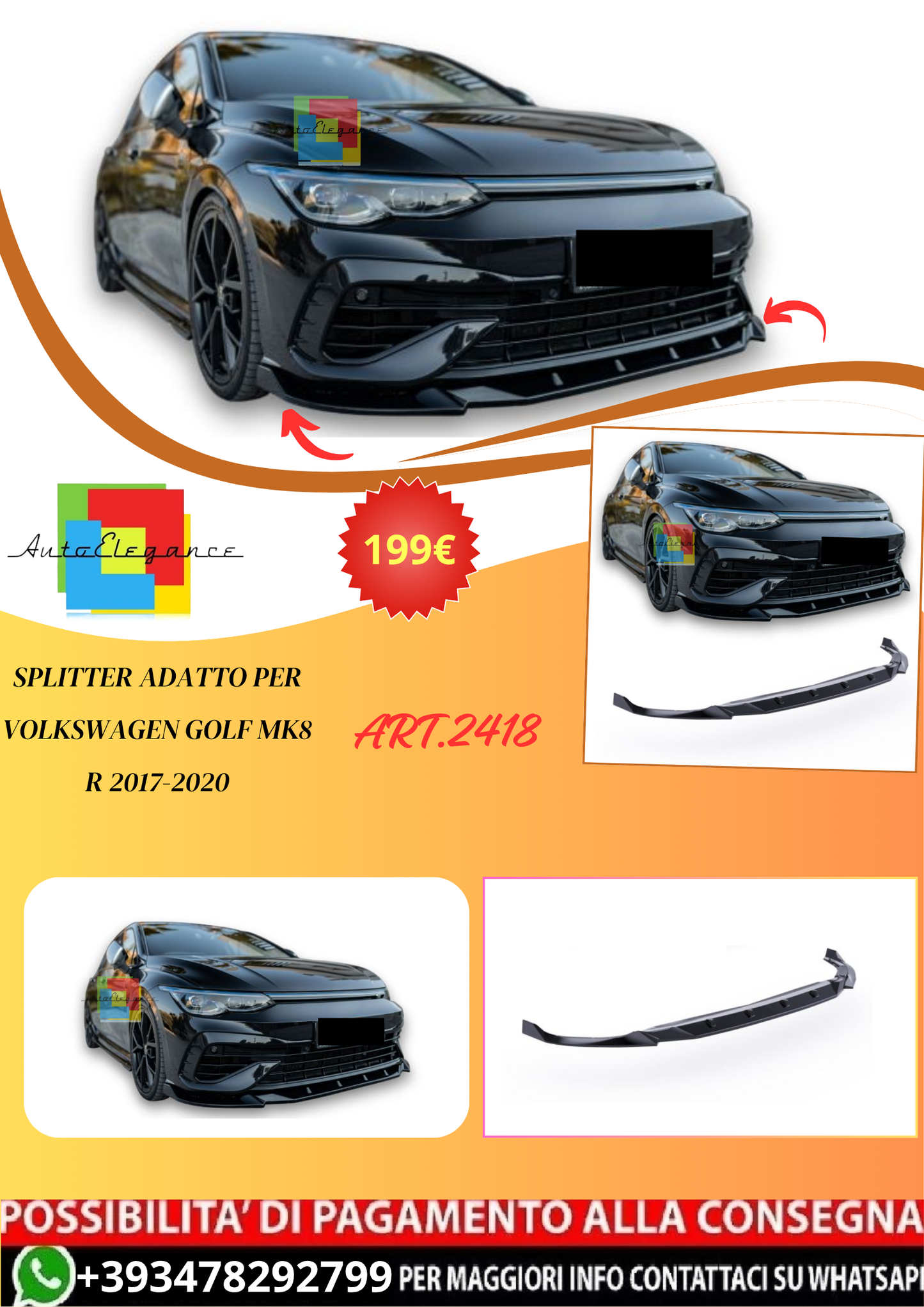 💫ART.2418 SPLITTER ADATTO PER VOLKSWAGEN GOLF MK8 R 2017-2020💫