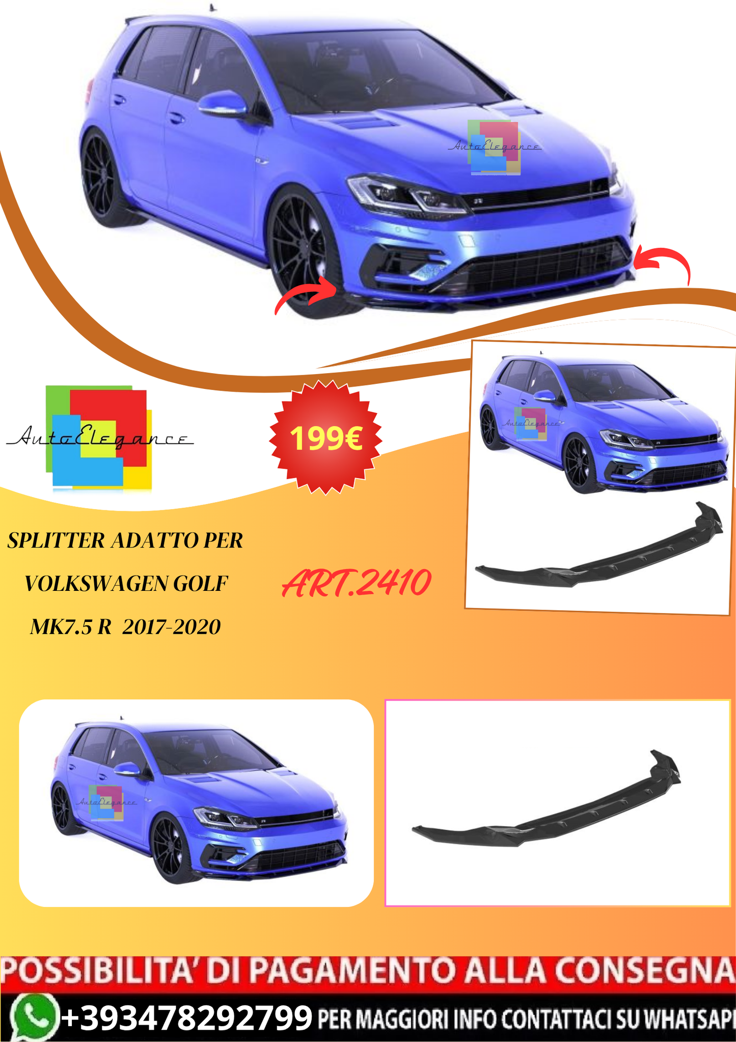 💫ART.2410 SPLITTER ADATTO PER VOLKSWAGEN GOLF MK7.5 R  2017-2020💫