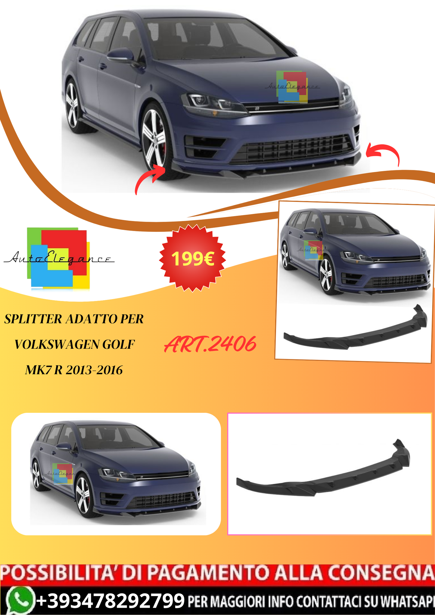 💫ART.2406 SPLITTER ADATTO PER VOLKSWAGEN GOLF MK7 R 2013-2016💫