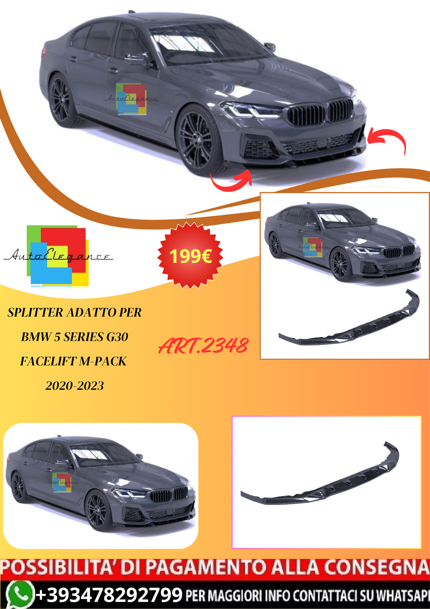 💫ART.2348 SPLITTER ADATTO PER BMW 5 SERIES G30 FACELIFT M-PACK 2020-2023💫