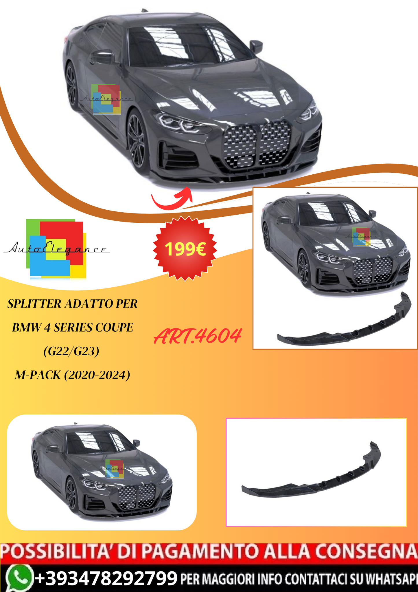 💫ART.4604 Splitter adatto per BMW 4 Series Coupe (G22/G23) M-Pack (2020-2024)💫