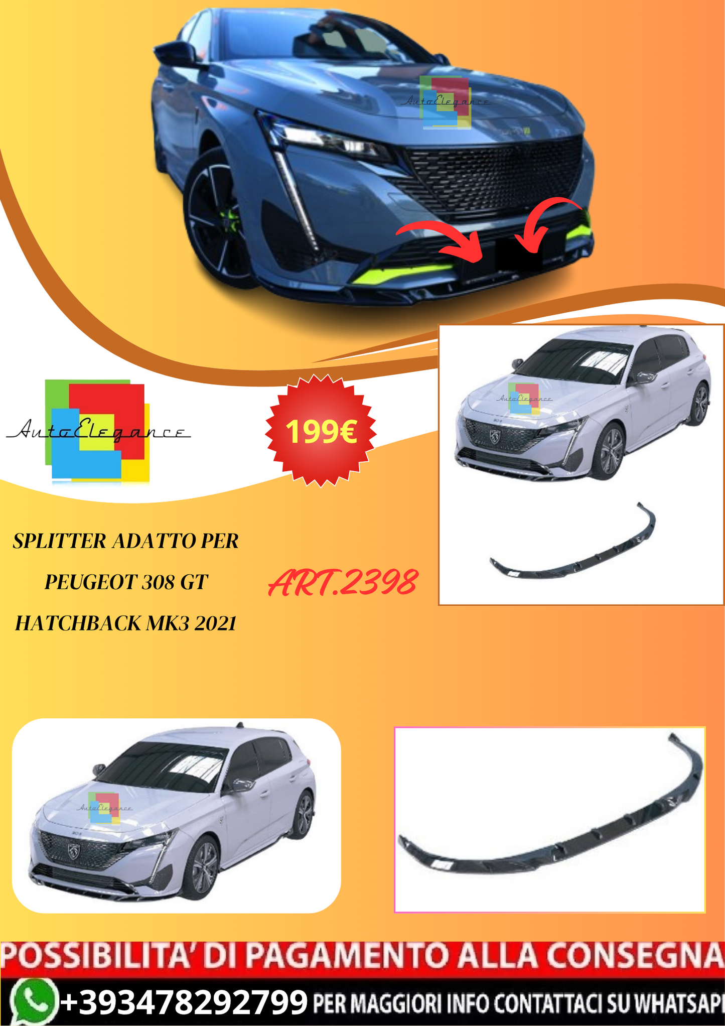 💫ART.2398 SPLITTER ADATTO PER PEUGEOT 308 GT HATCHBACK MK3 2021💫