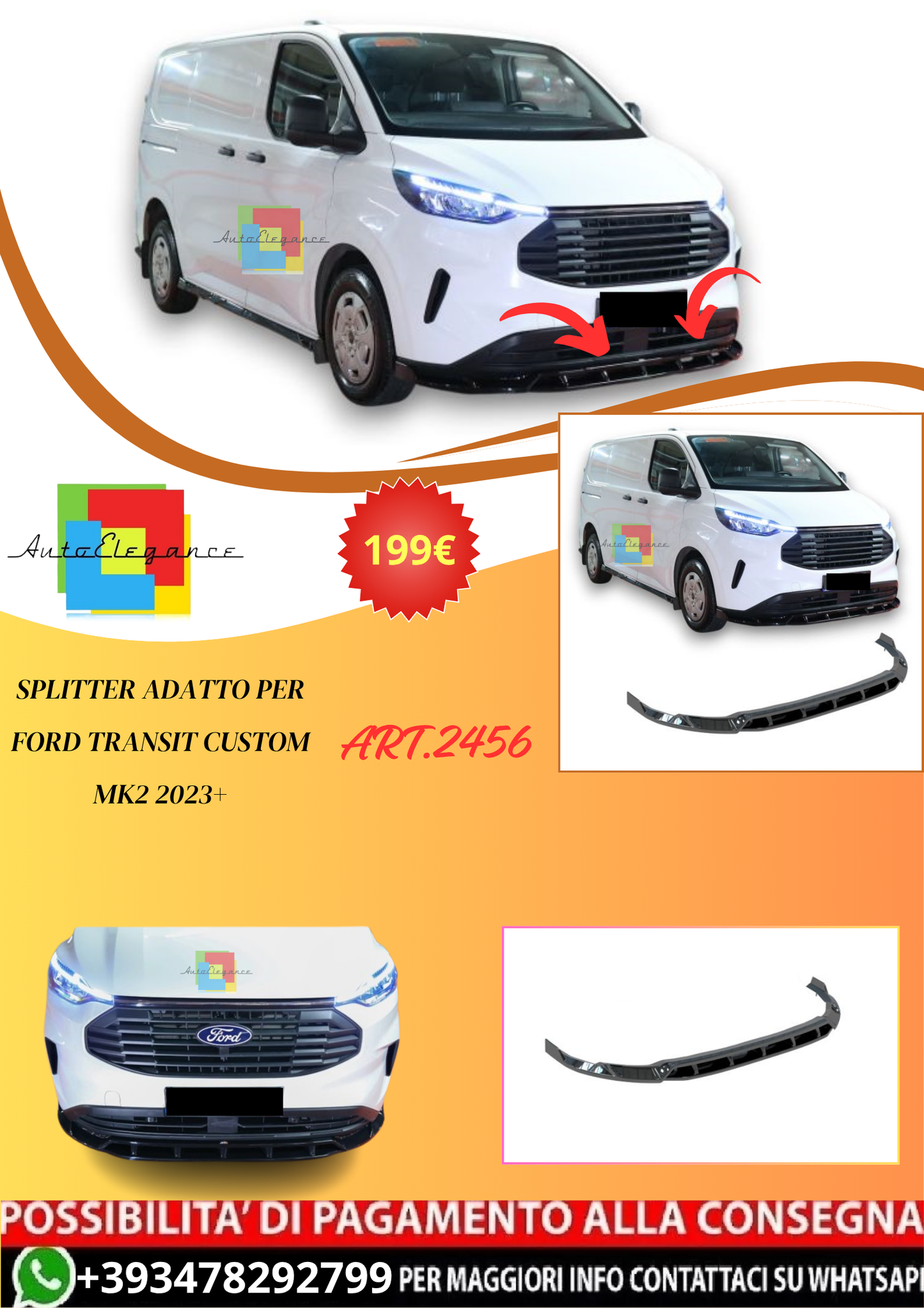 💫ART.2456 SPLITTER ADATTO PER FORD TRANSIT CUSTOM MK2 2023+💫