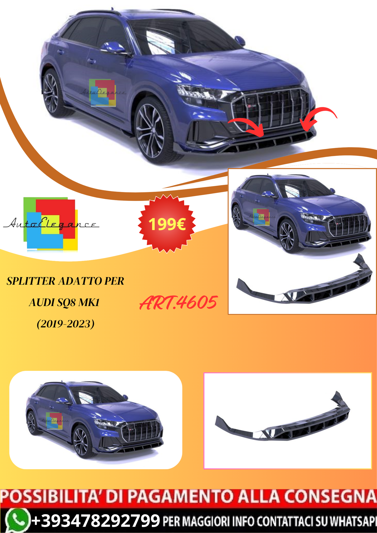 💫ART.4605 Splitter adatto per Audi SQ8 Mk1 (2019-2023)💫