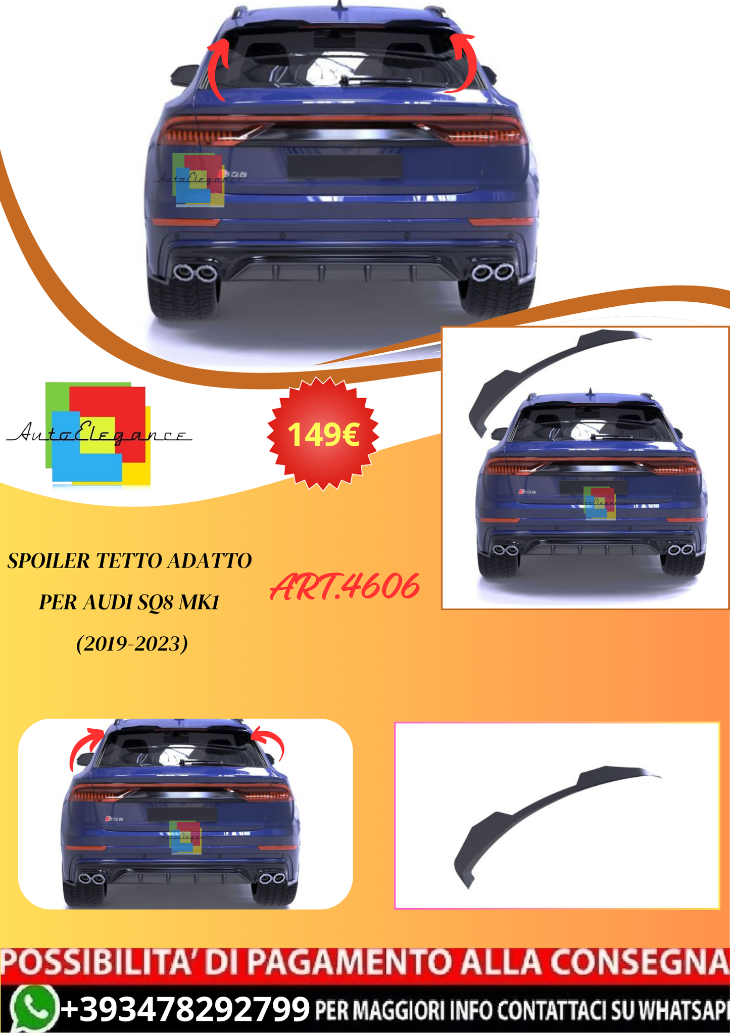 💫ART.4606 Spoiler Tetto adatto per Audi SQ8 Mk1 (2019-2023)💫