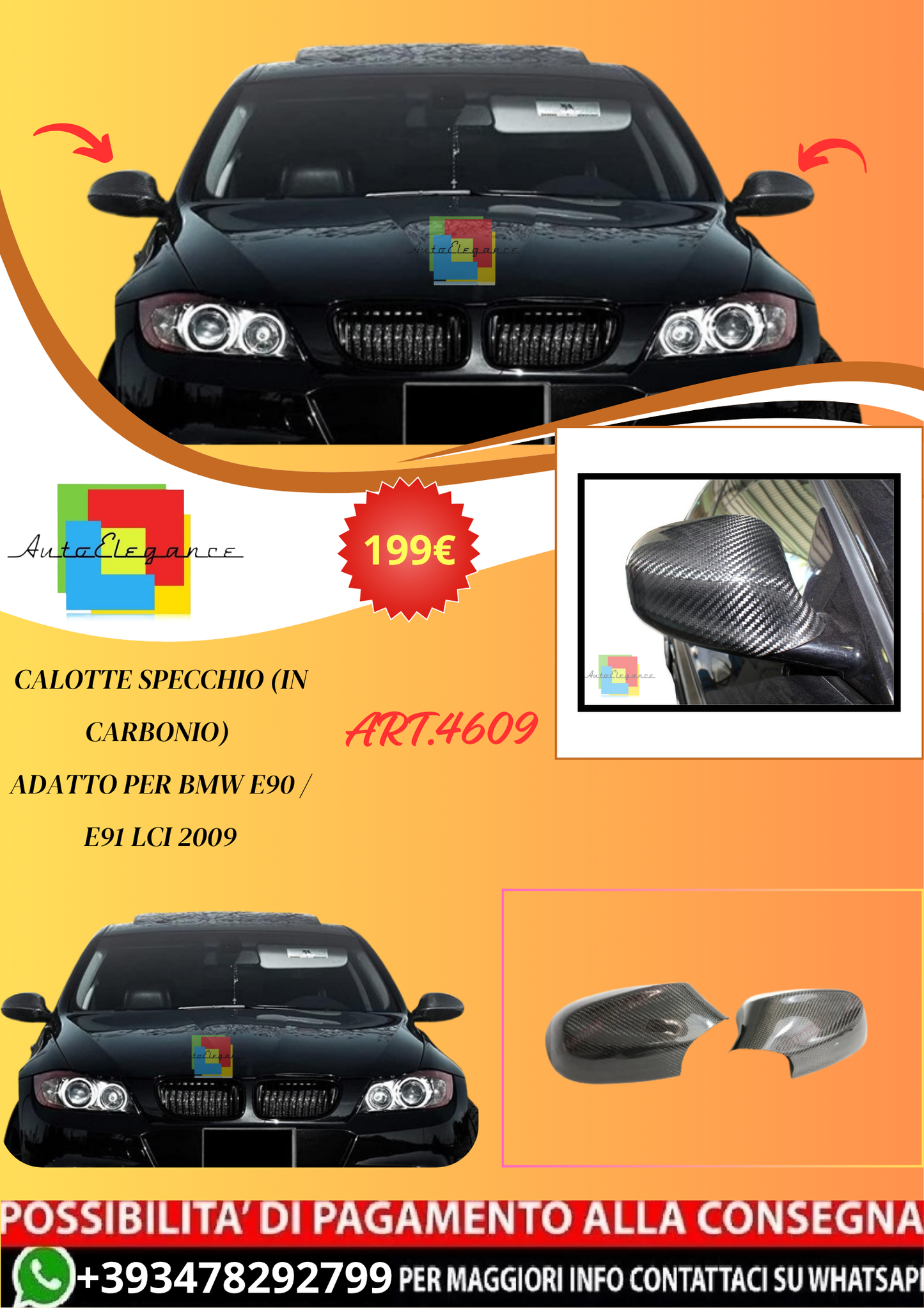 💫ART.4609 Calotte Specchio (In Carbonio) adatto per BMW E90 / E91 LCI 2009💫