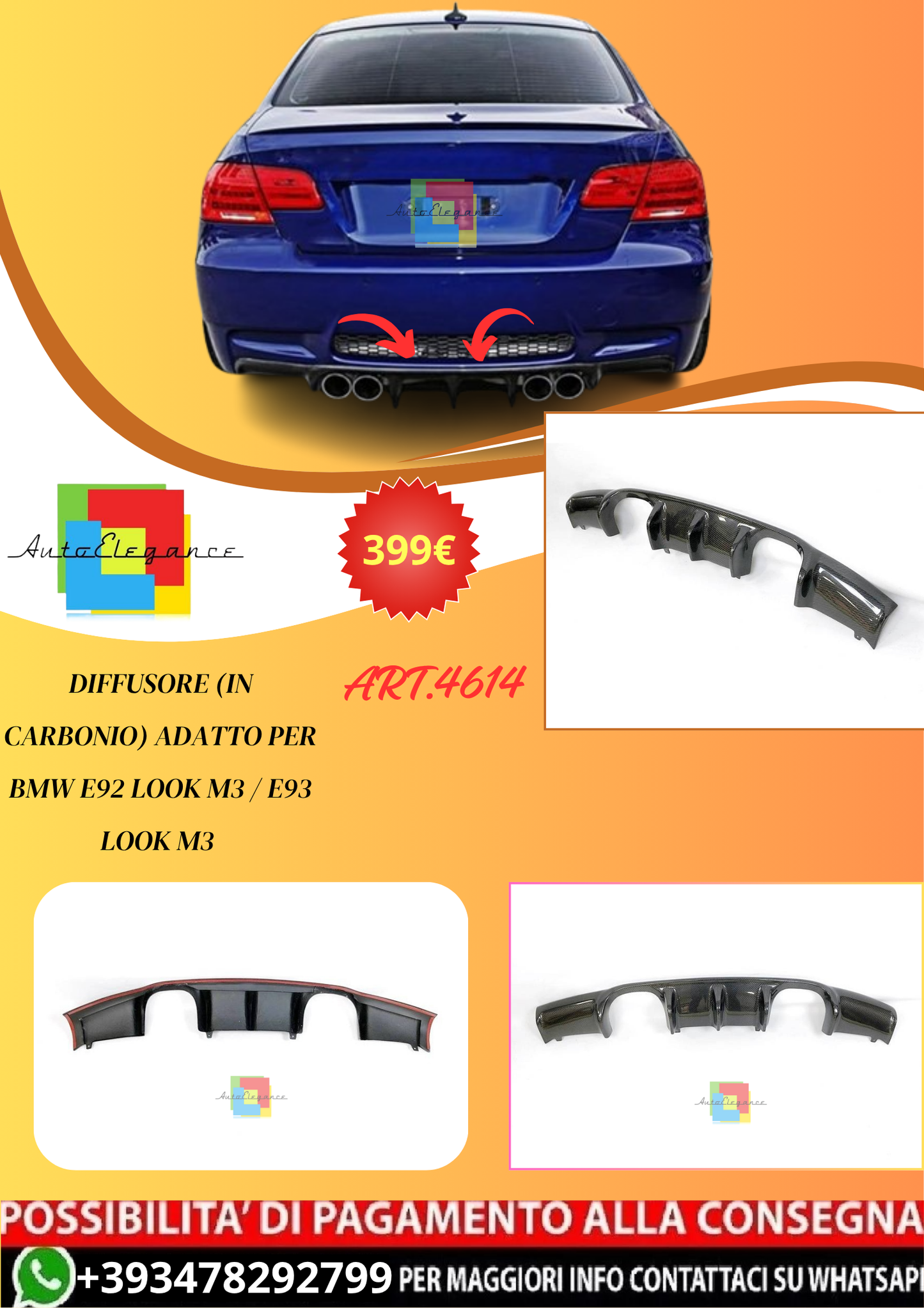 💫ART.4614 Diffusore (In Carbonio) adatto per BMW E92 Look M3 / E93 Look M3💫