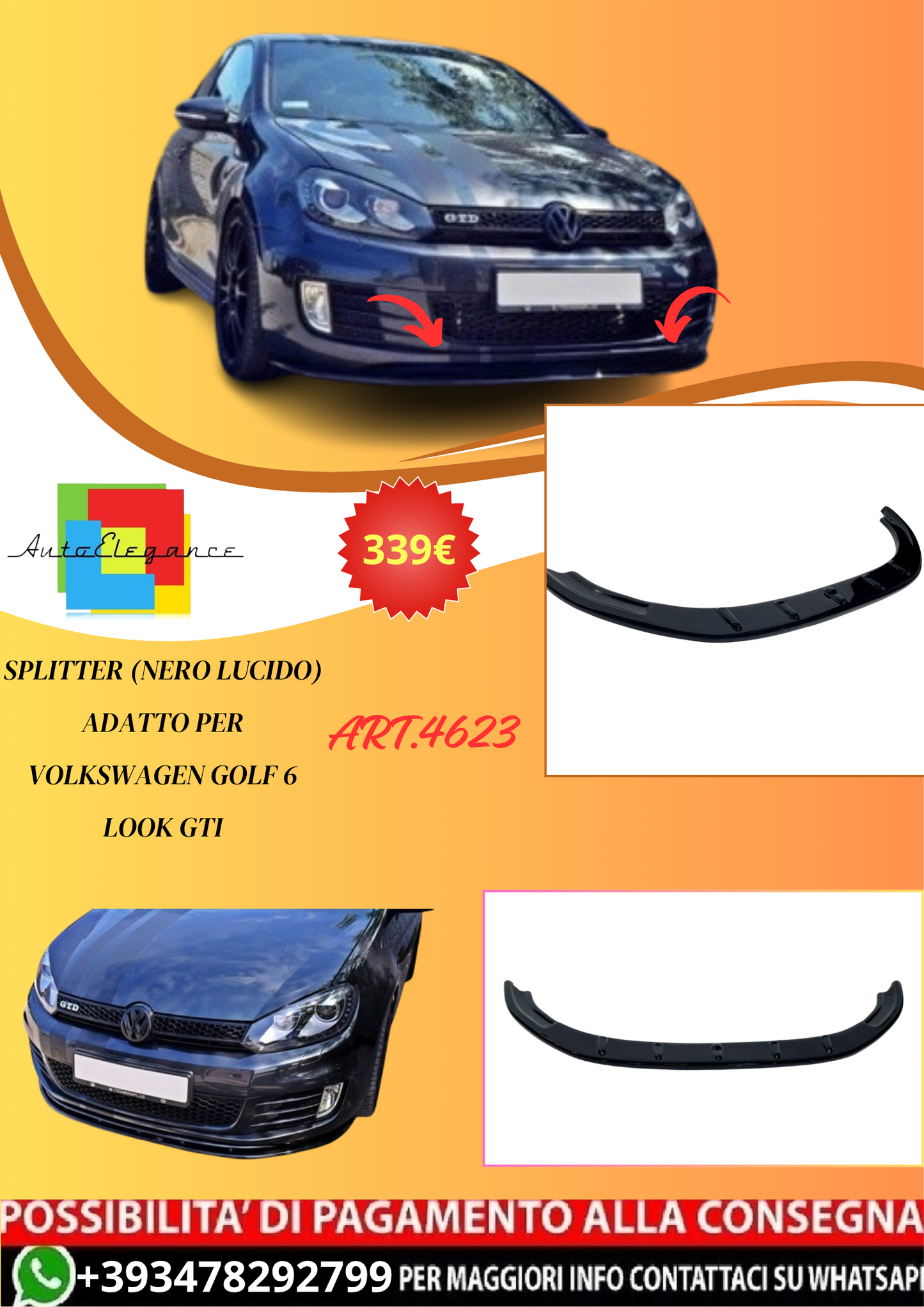 💫ART.4623 Splitter (Nero Lucido) adatto per Volkswagen Golf 6 Look GT💫