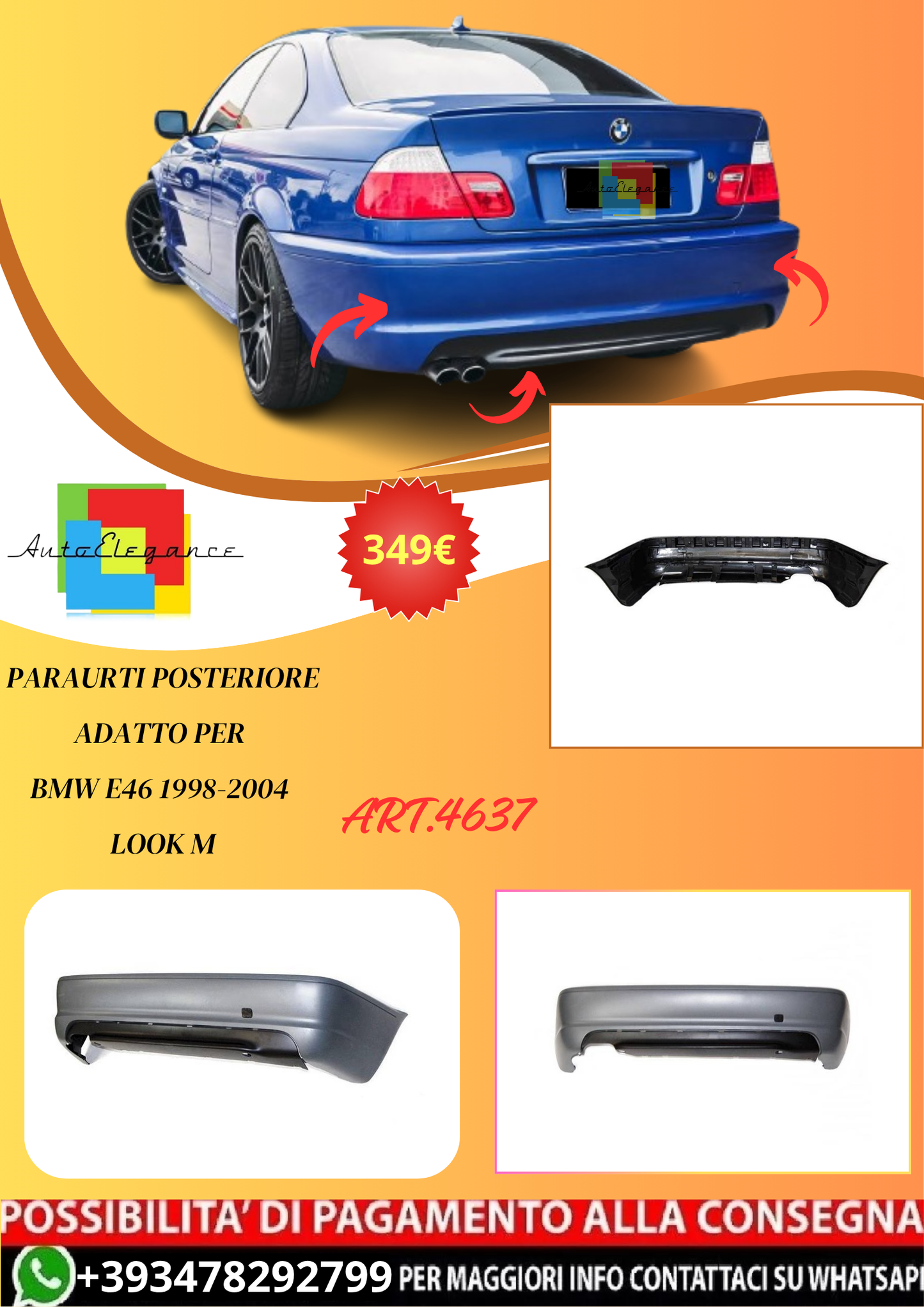 💫ART.4637 Paraurti Posteriore adatto per BMW E46 98-04 Look M💫