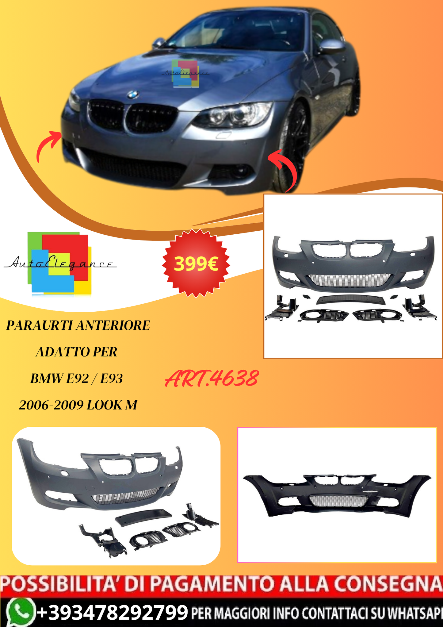 💫ART.4638 Paraurti Anteriore adatto per BMW E92 / E93 2006-2009 Look M💫