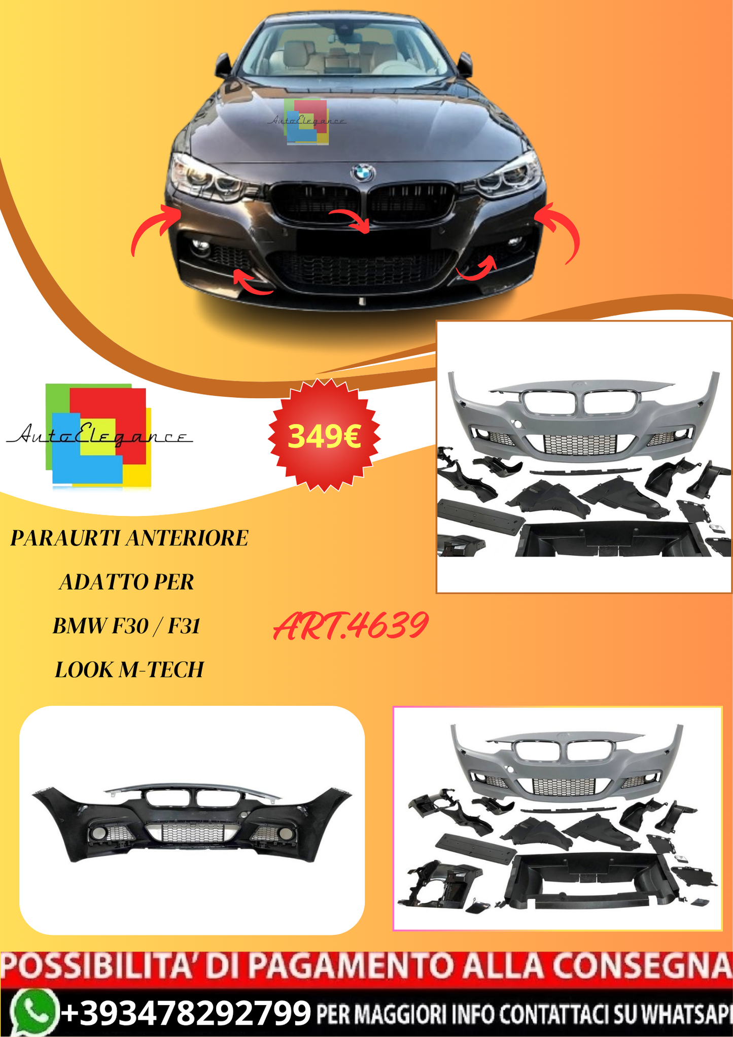 💫ART.4639 Paraurti Anteriore adatto per BMW F30 / F31 Look M-Tech💫