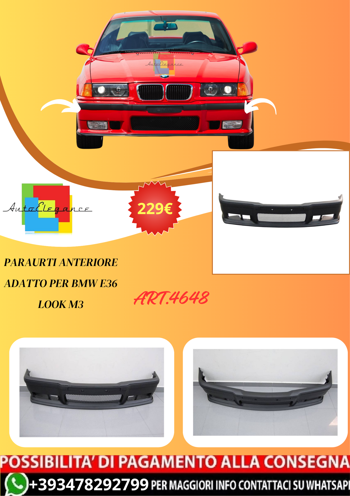 💫ART.4648 Paraurti Anteriore adatto per BMW E36 Look M3💫