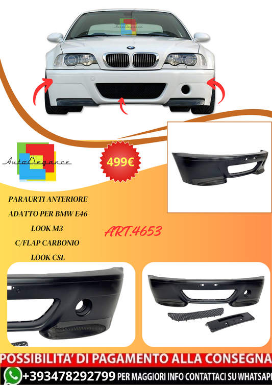 💫ART.4653 Paraurti Anteriore per BMW E46 Look M3 C/Flap Carbono Look CSL💫