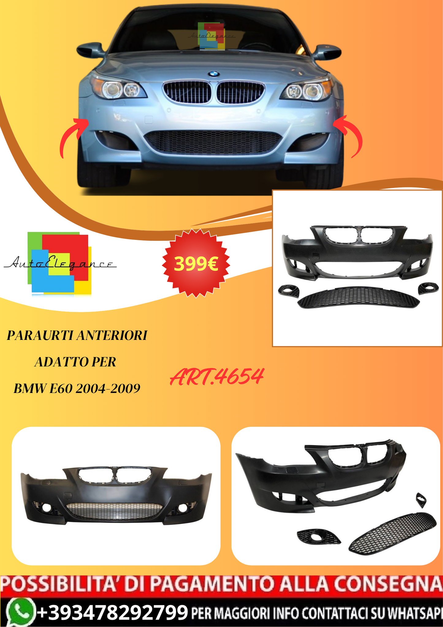 💫ART.4654 Paraurti Anteriori adatto per BMW E60 2004-2009 ABS💫