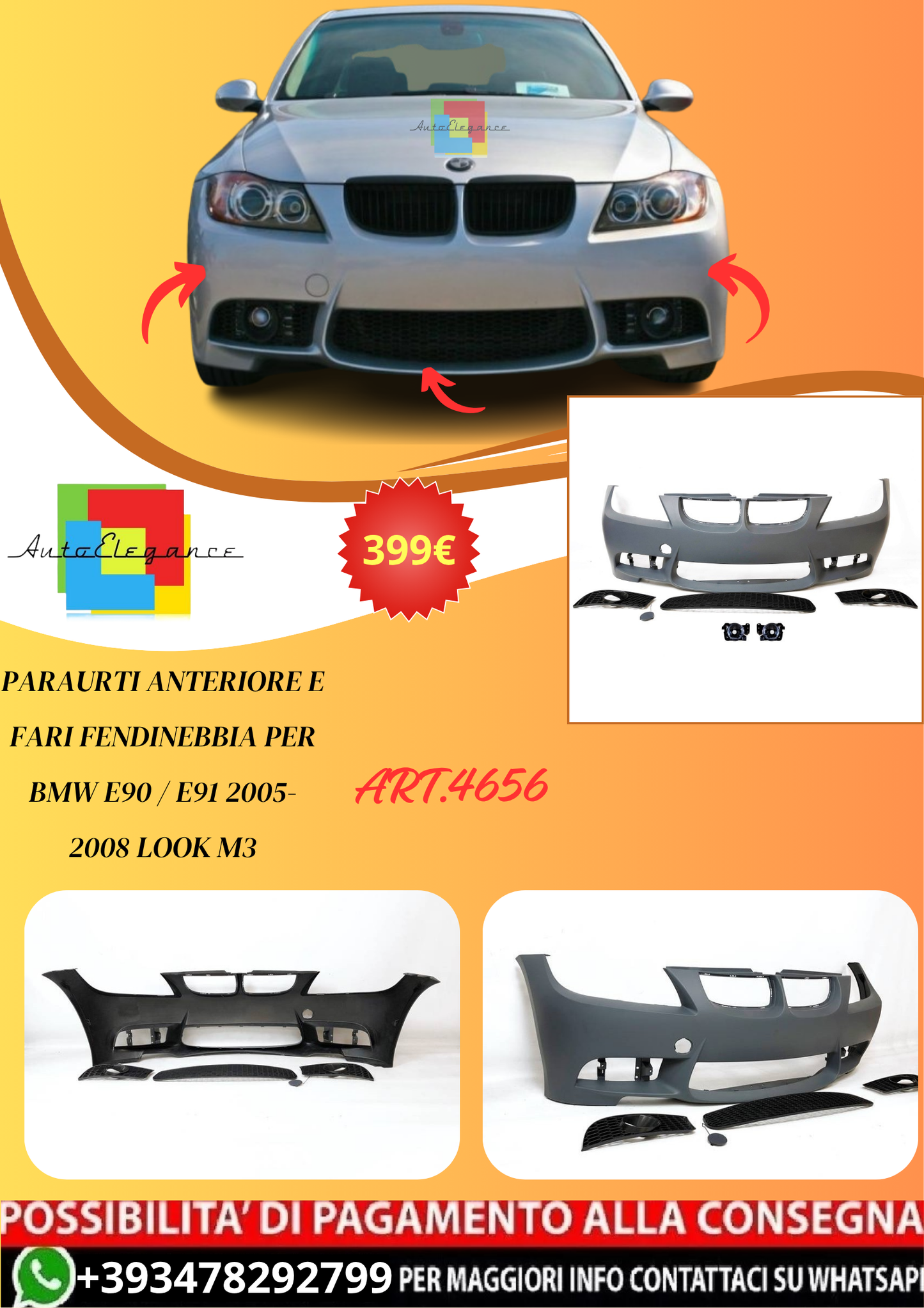 💫ART.4656 Paraurti Anteriore e Fari Fendinebbia per BMW E90 / E91 2005-2008💫