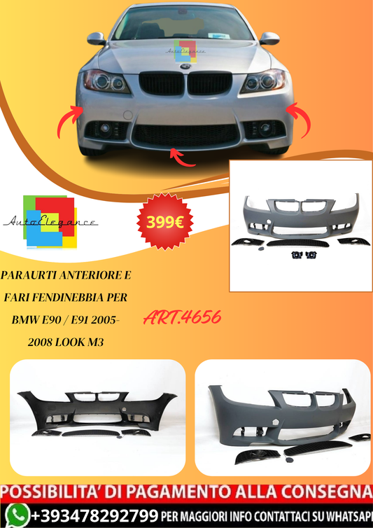 💫ART.4656 Paraurti Anteriore e Fari Fendinebbia per BMW E90 / E91 2005-2008💫