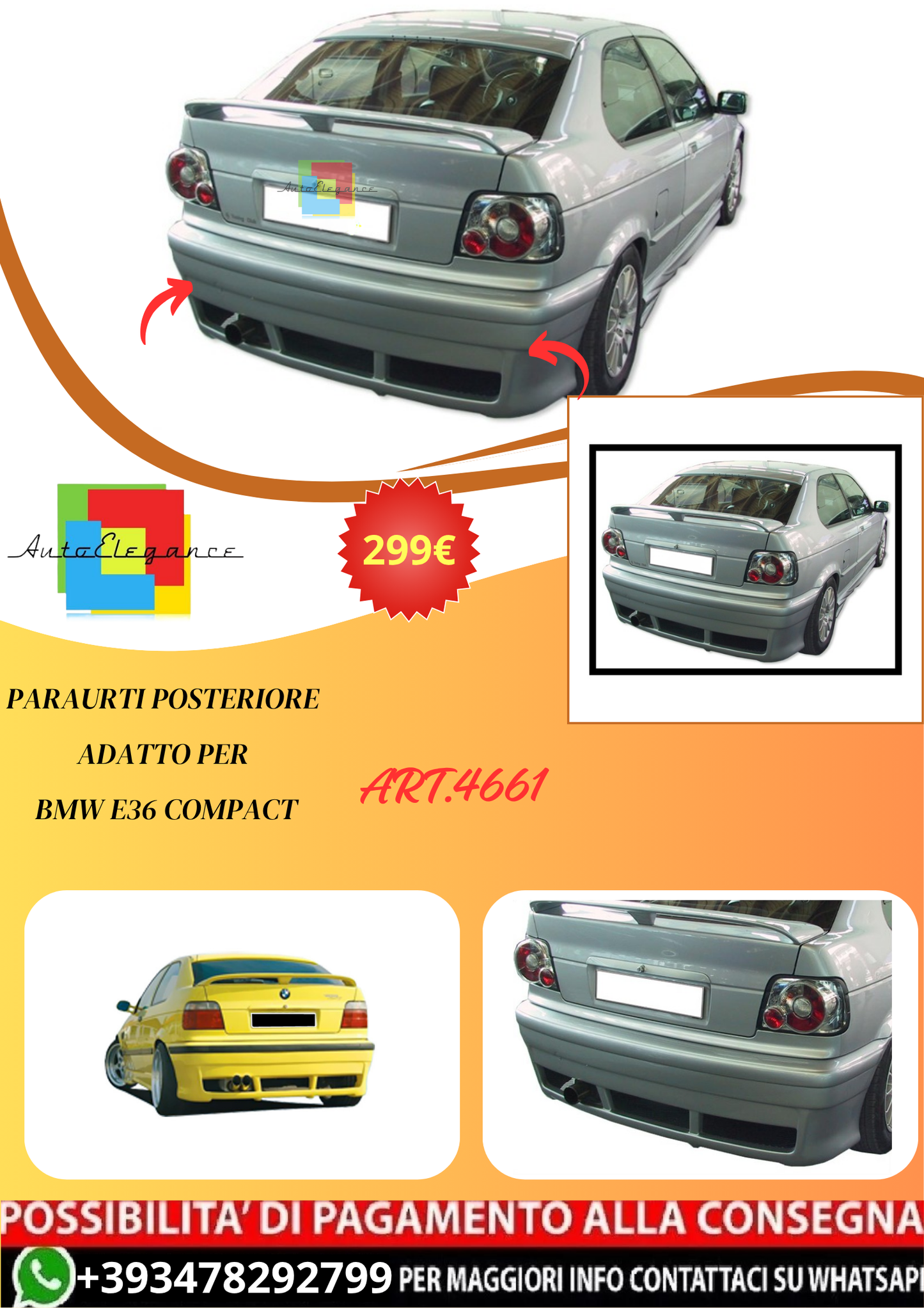 💫ART.4661 Paraurti Posteriore adatto per BMW E36 Compact💫