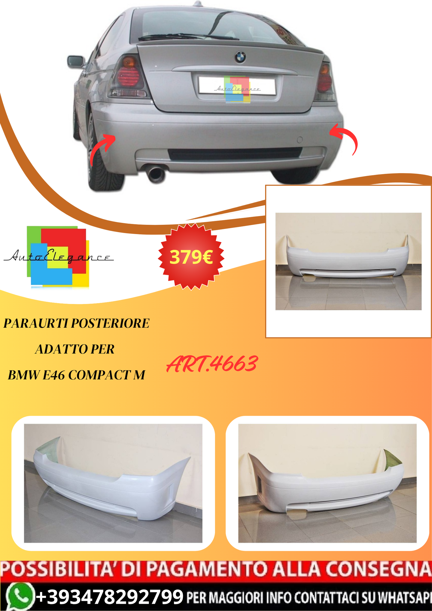 💫ART.4663 Paraurti Posteriore adatto per BMW E46 Compact M💫