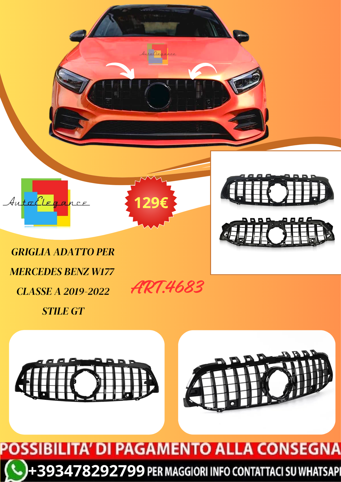 💫ART.4683 Griglia adatto per Mercedes Benz W177 A Class 2019-2022 Stile GT 💫
