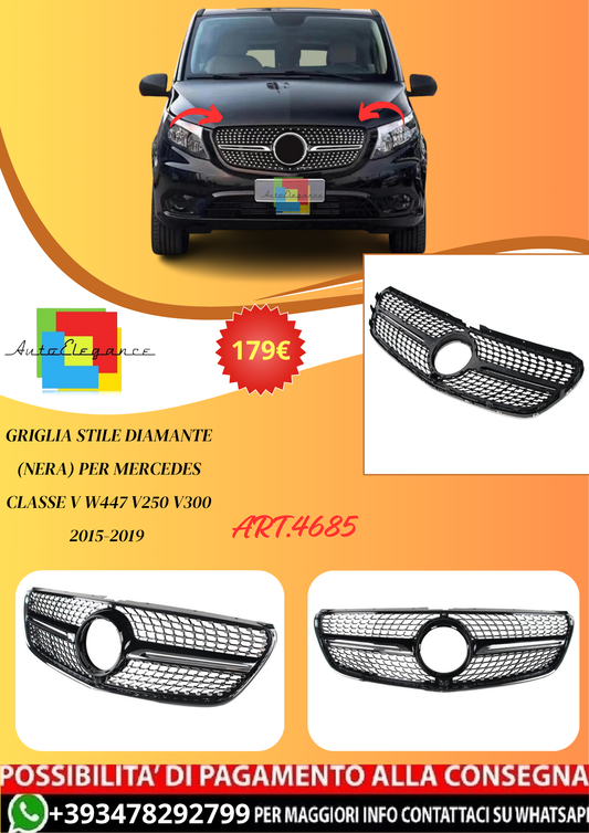💫ART.4685 Griglia Stile Diamante (Nera) per Mercedes Classe V W447 V250 15-19💫
