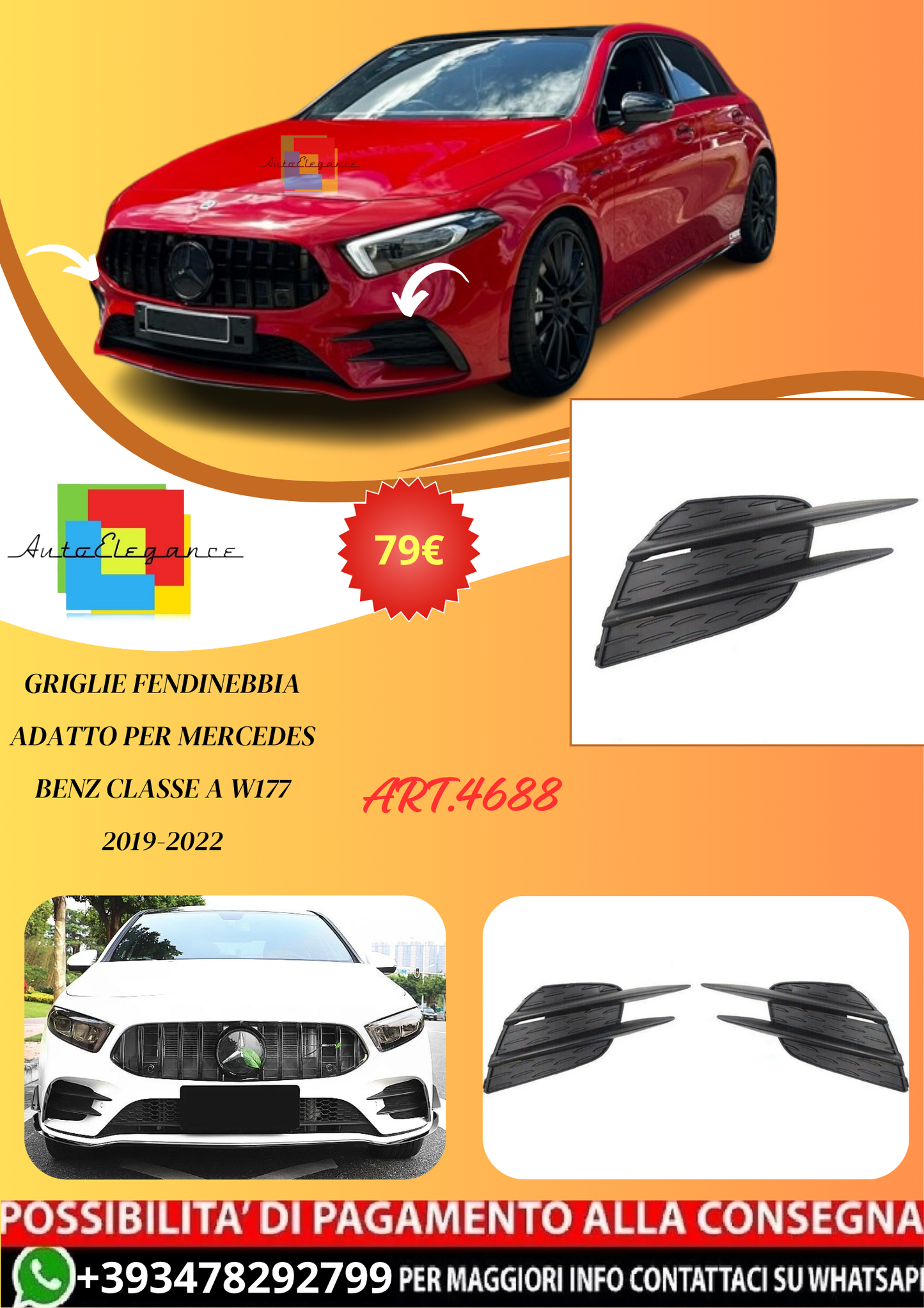 💫ART.4688 Griglie Fendinebbia adatto per Mercedes Classe A W177 2019-2022💫