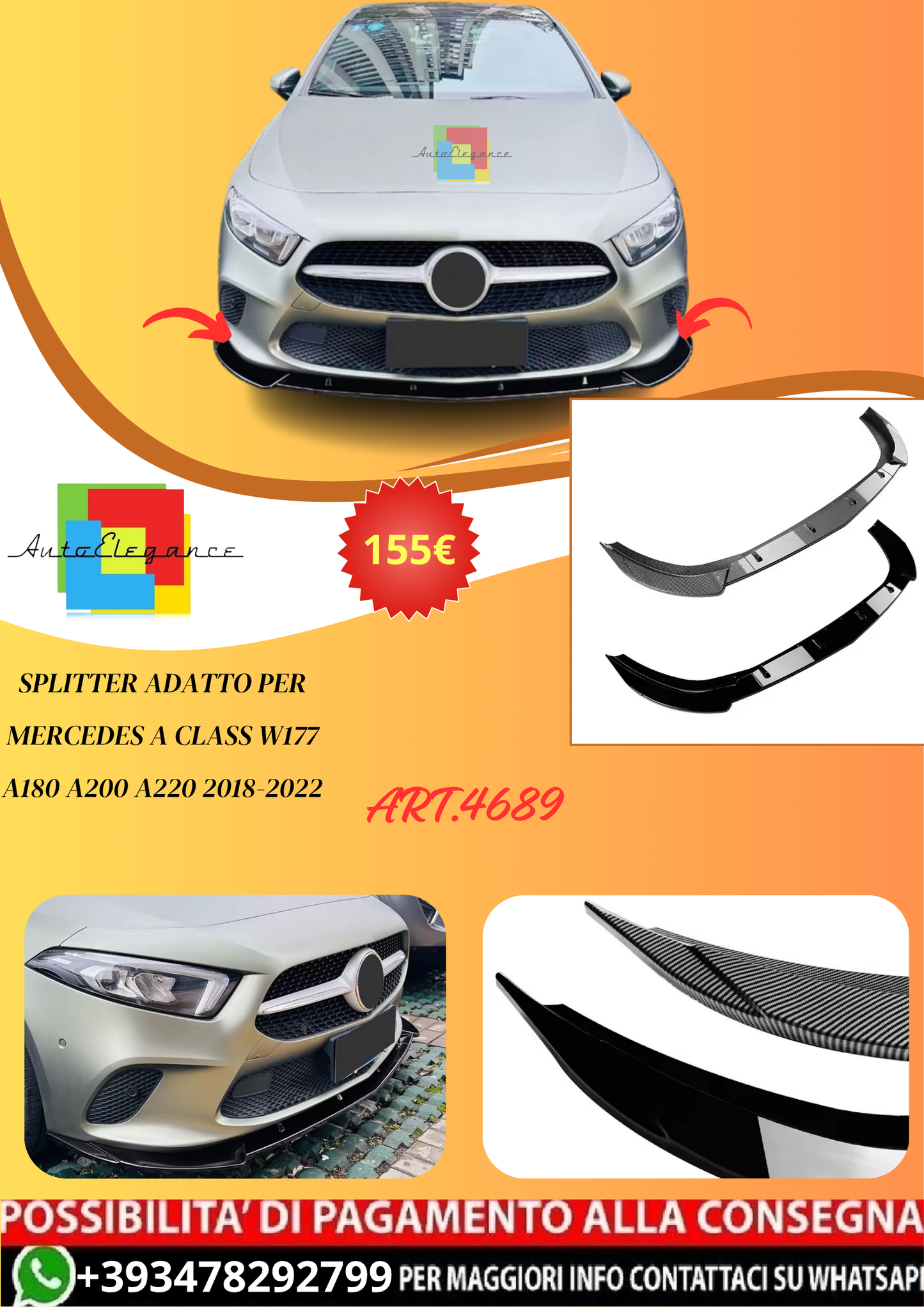 💫ART.4689 Splitter adatto per Mercedes A Class W177 A180 A200 A220 2018-2022💫